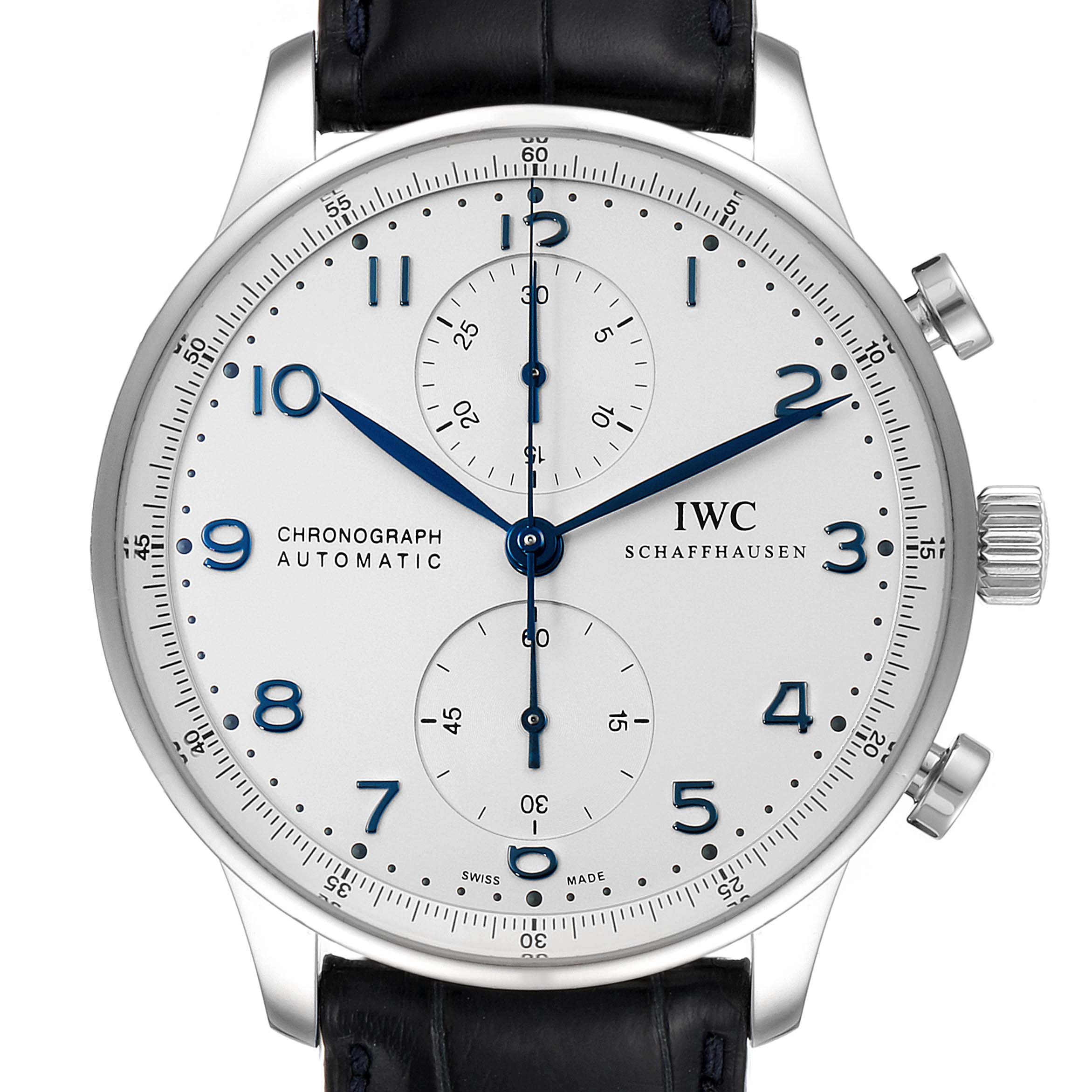 IWC Portuguese Chrono Silver Dial Blue Hands Steel Mens Watch