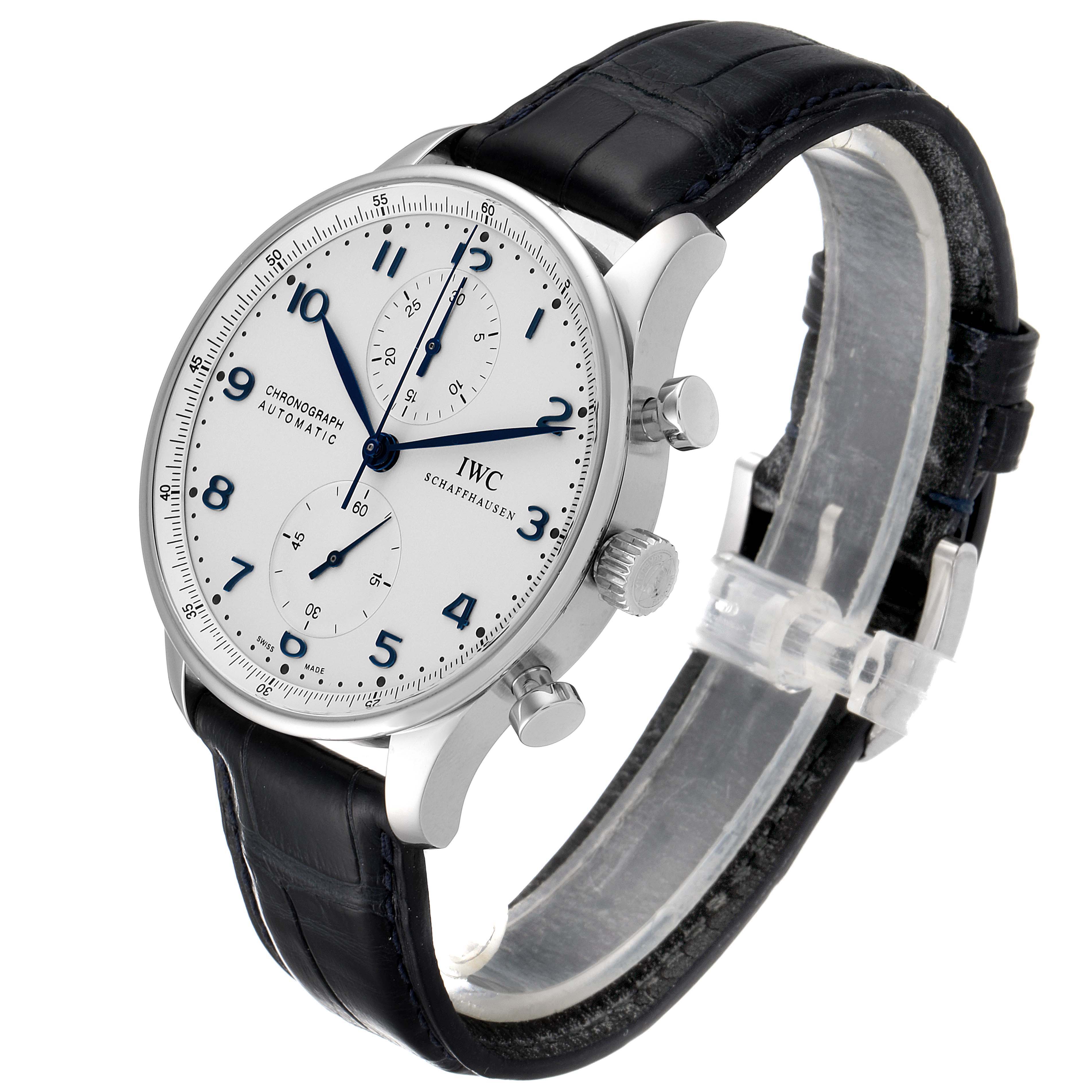 The IWC Portuguese IW371446 Men's Stainless Steel Silver Dial IW371446 Men's Stainless Steel Silver Dial model watch is shown from a front-left angled view, featuring its face, side buttons, and black strap.