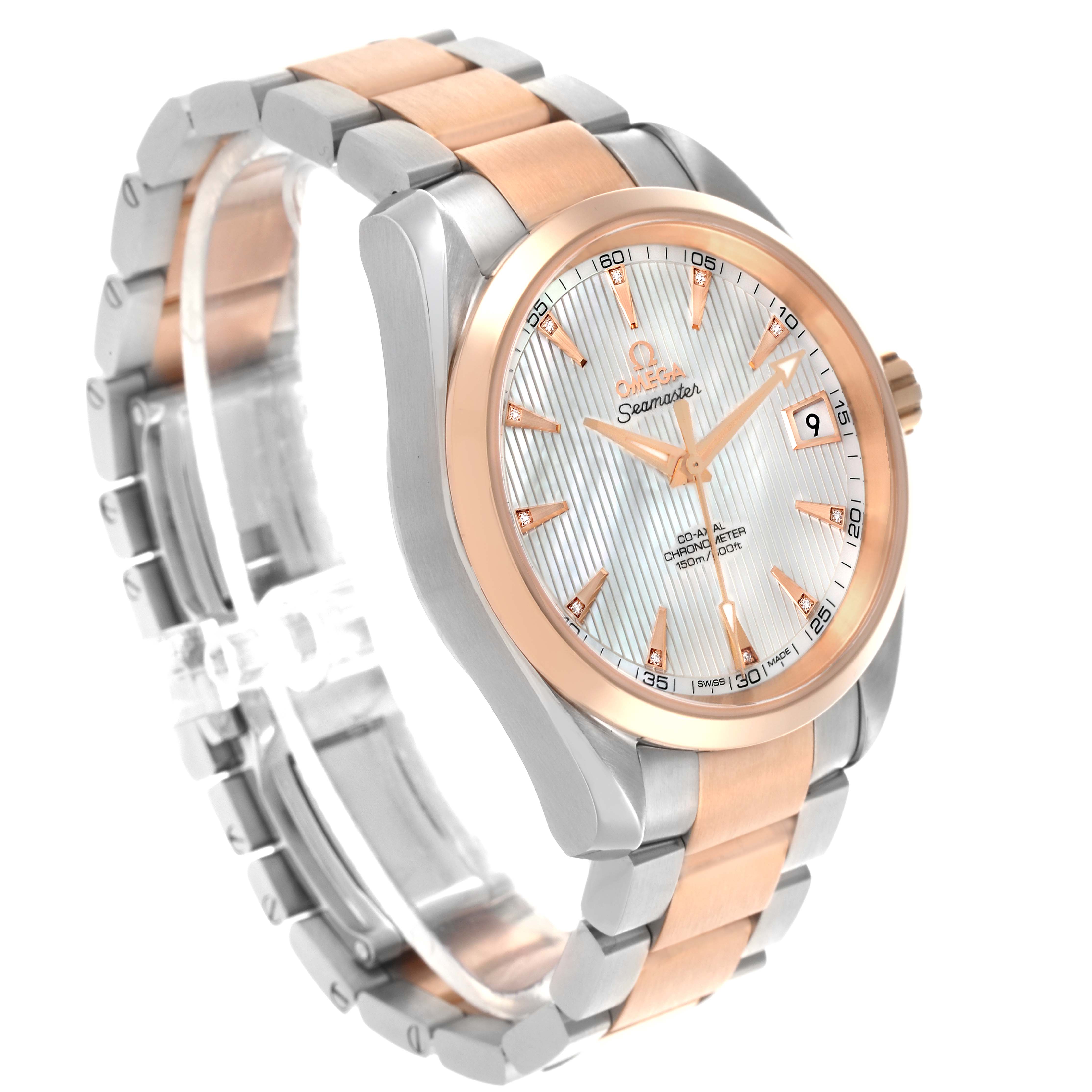 The Omega Aqua Terra 231.20.39.21.55.001 Men's Steel and Gold (two tone) Mother of Pearl Dial 231.20.39.21.55.001 Men's Steel and Gold (two tone) Mother of Pearl Dial watch is shown at a three-quarter angle, highlighting the face, bezel, and two-tone bracelet.