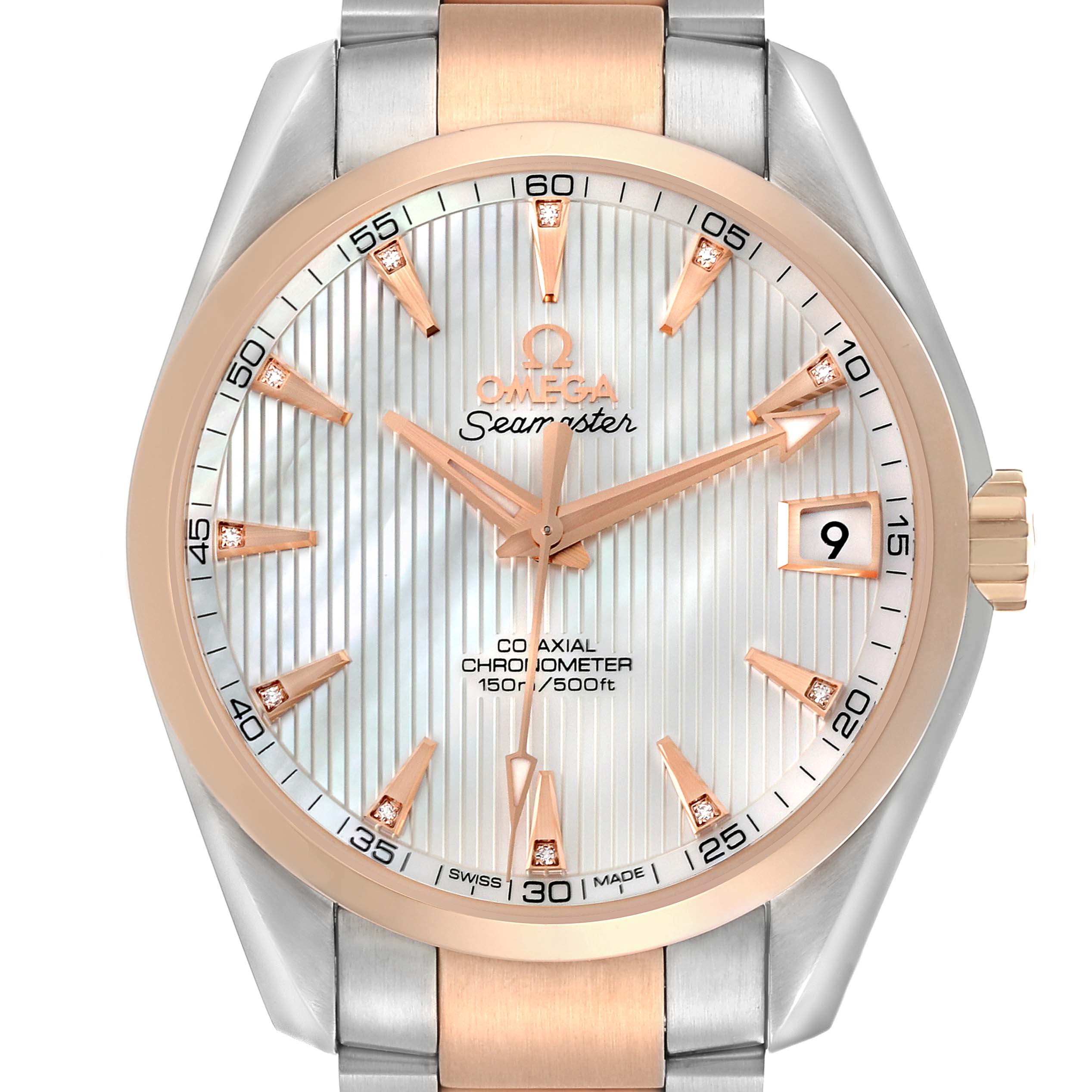 The Omega Aqua Terra 231.20.39.21.55.001 Men's Steel and Gold (two tone) Mother of Pearl Dial 231.20.39.21.55.001 Men's Steel and Gold (two tone) Mother of Pearl Dial model is shown from the front, displaying the dial, bezel, and part of the bracelet.