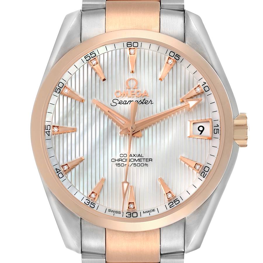 The Omega Aqua Terra model is shown from the front, displaying the dial, bezel, and part of the bracelet.