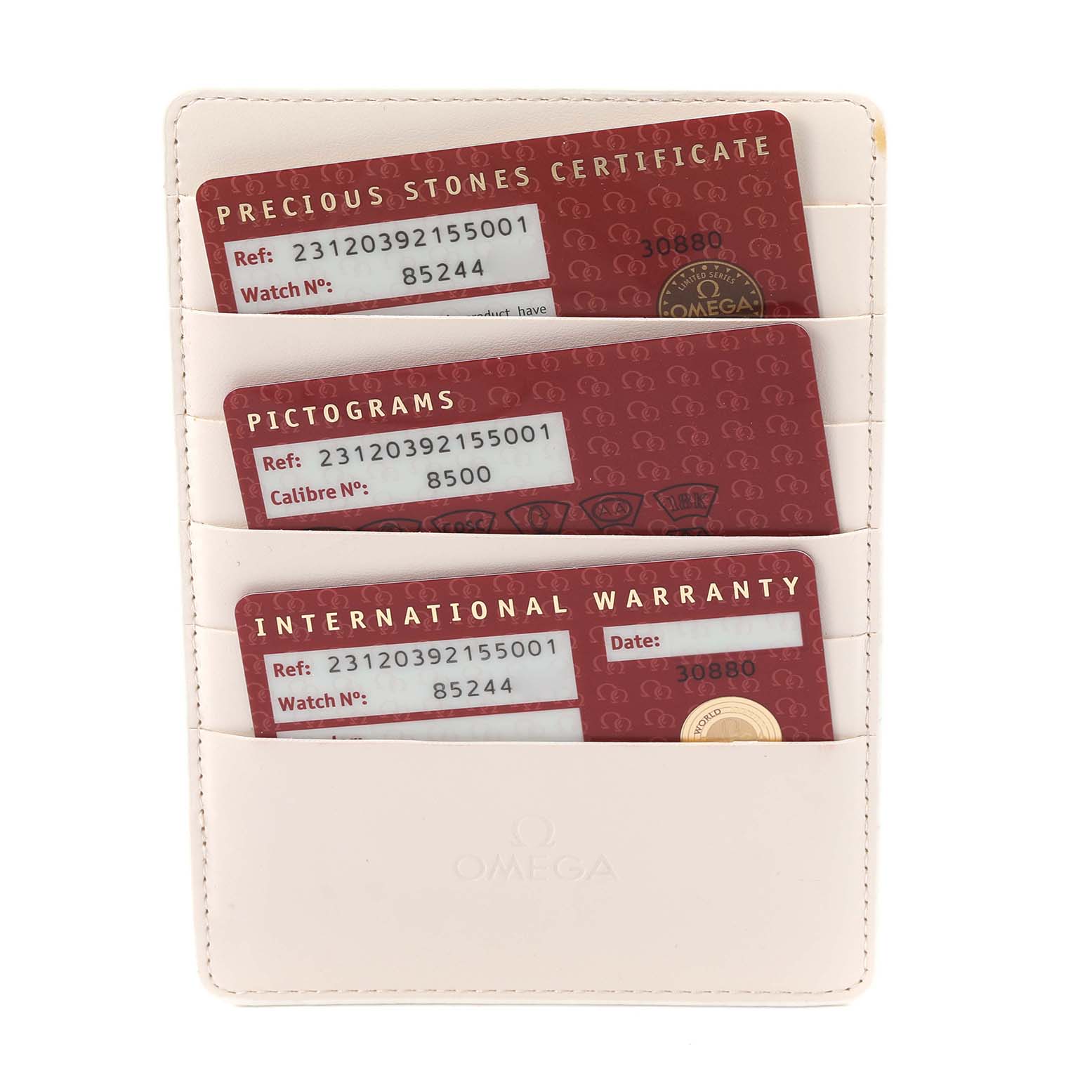 The image shows Omega Aqua Terra 231.20.39.21.55.001 Men's Steel and Gold (two tone) Mother of Pearl Dial 231.20.39.21.55.001 Men's Steel and Gold (two tone) Mother of Pearl Dial model cards: a precious stones certificate, pictograms card, and international warranty.