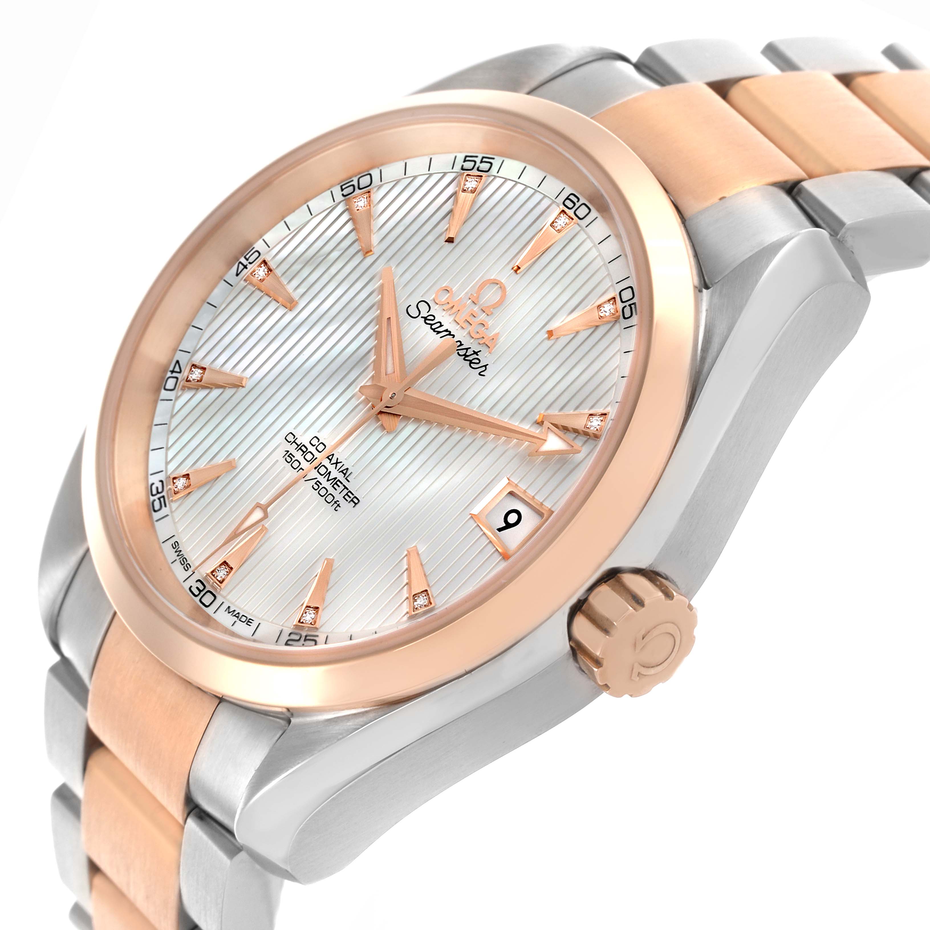 The Omega Aqua Terra 231.20.39.21.55.001 Men's Steel and Gold (two tone) Mother of Pearl Dial 231.20.39.21.55.001 Men's Steel and Gold (two tone) Mother of Pearl Dial watch is shown at a slight angle, highlighting the dial, bezel, and part of the bracelet.