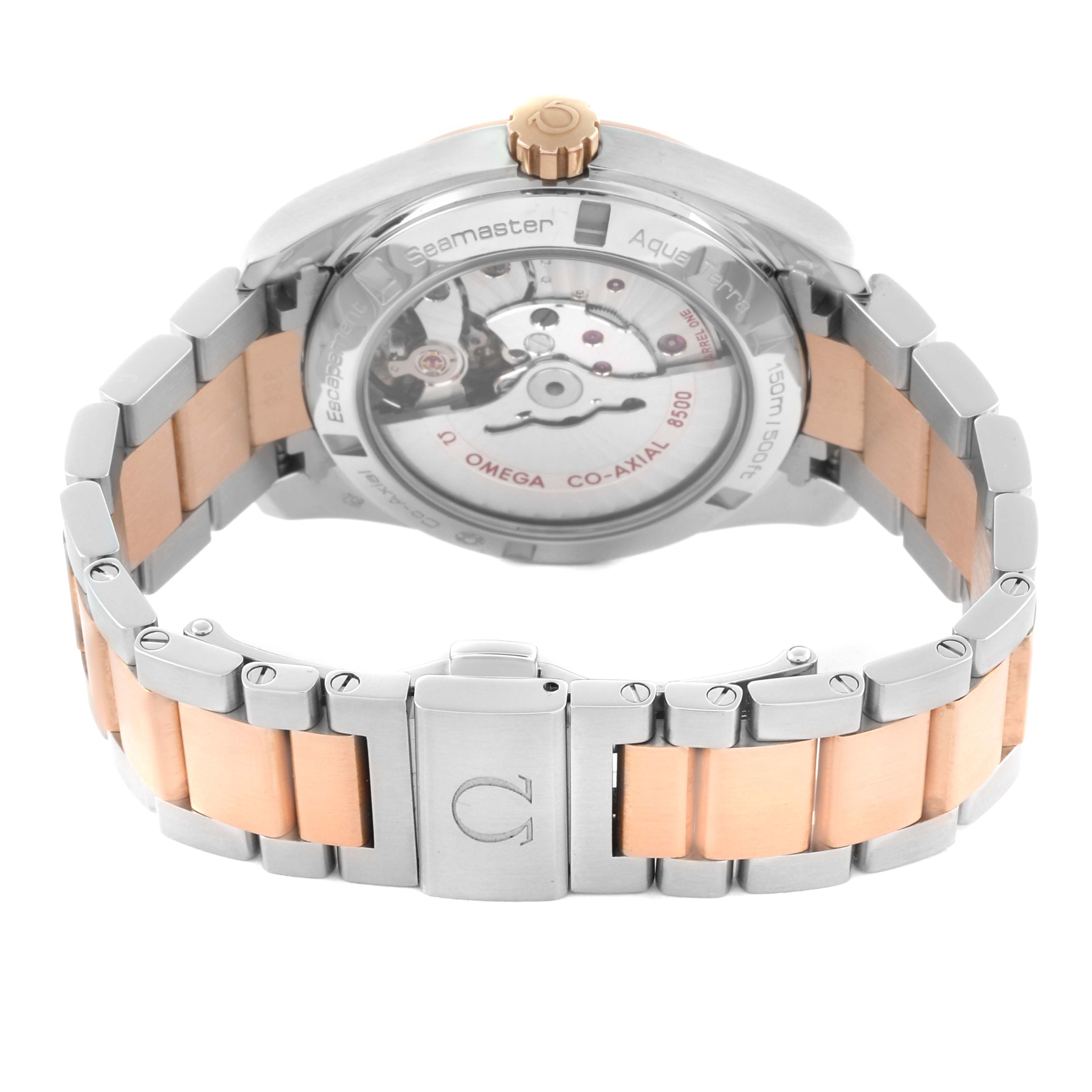 The image shows the back view of the Omega Aqua Terra 231.20.39.21.55.001 Men's Steel and Gold (two tone) Mother of Pearl Dial 231.20.39.21.55.001 Men's Steel and Gold (two tone) Mother of Pearl Dial watch, highlighting its open case back and metal bracelet.