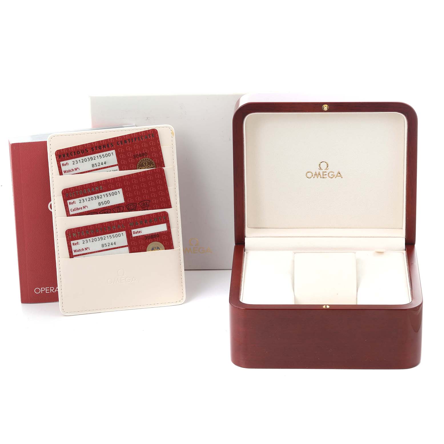 The image shows a wooden Omega Aqua Terra 231.20.39.21.55.001 Men's Steel and Gold (two tone) Mother of Pearl Dial 231.20.39.21.55.001 Men's Steel and Gold (two tone) Mother of Pearl Dial watch box, authenticity cards, and cardholder.