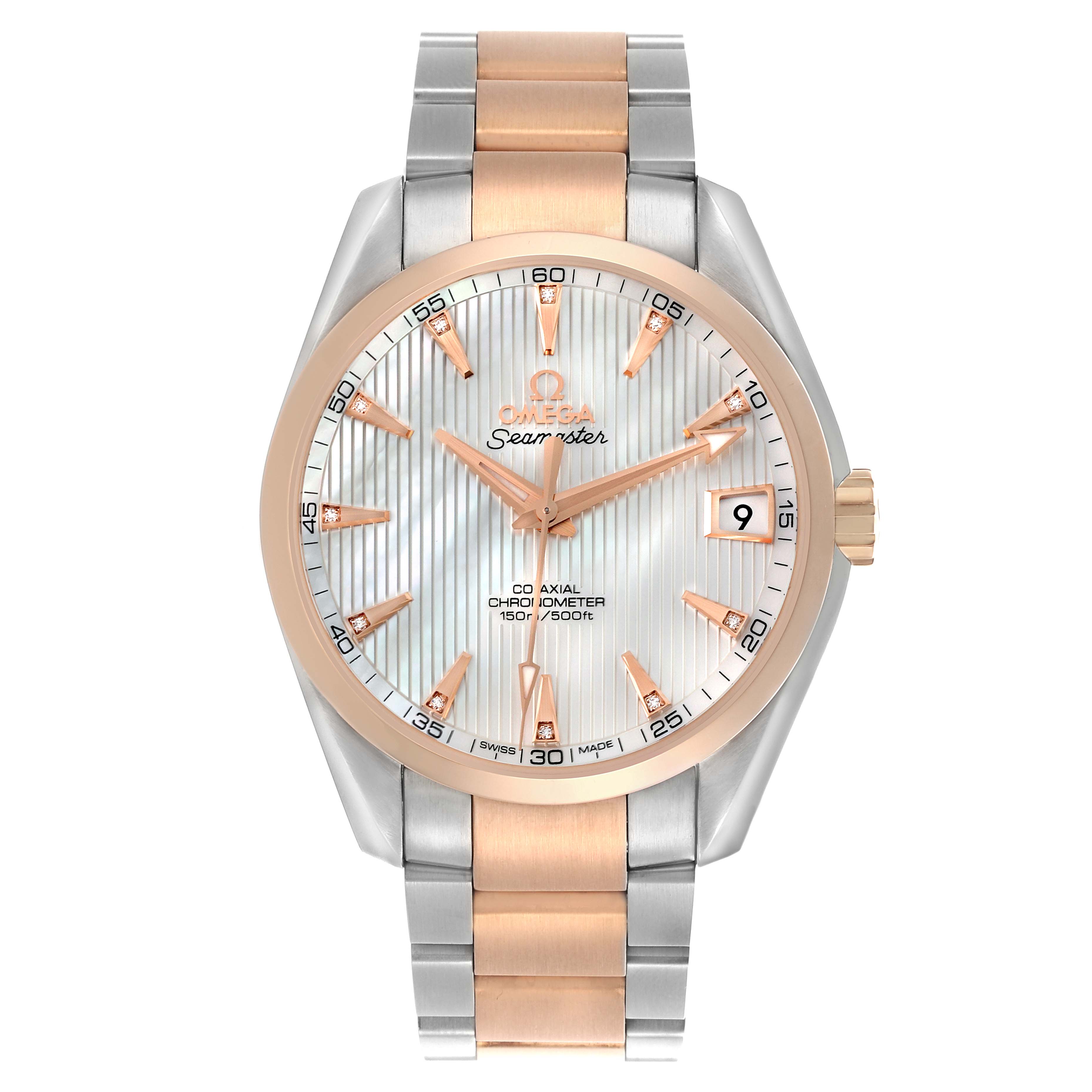 The Omega Seamaster Aqua Terra watch is shown from the front, displaying its dial, bezel, and bracelet clearly.