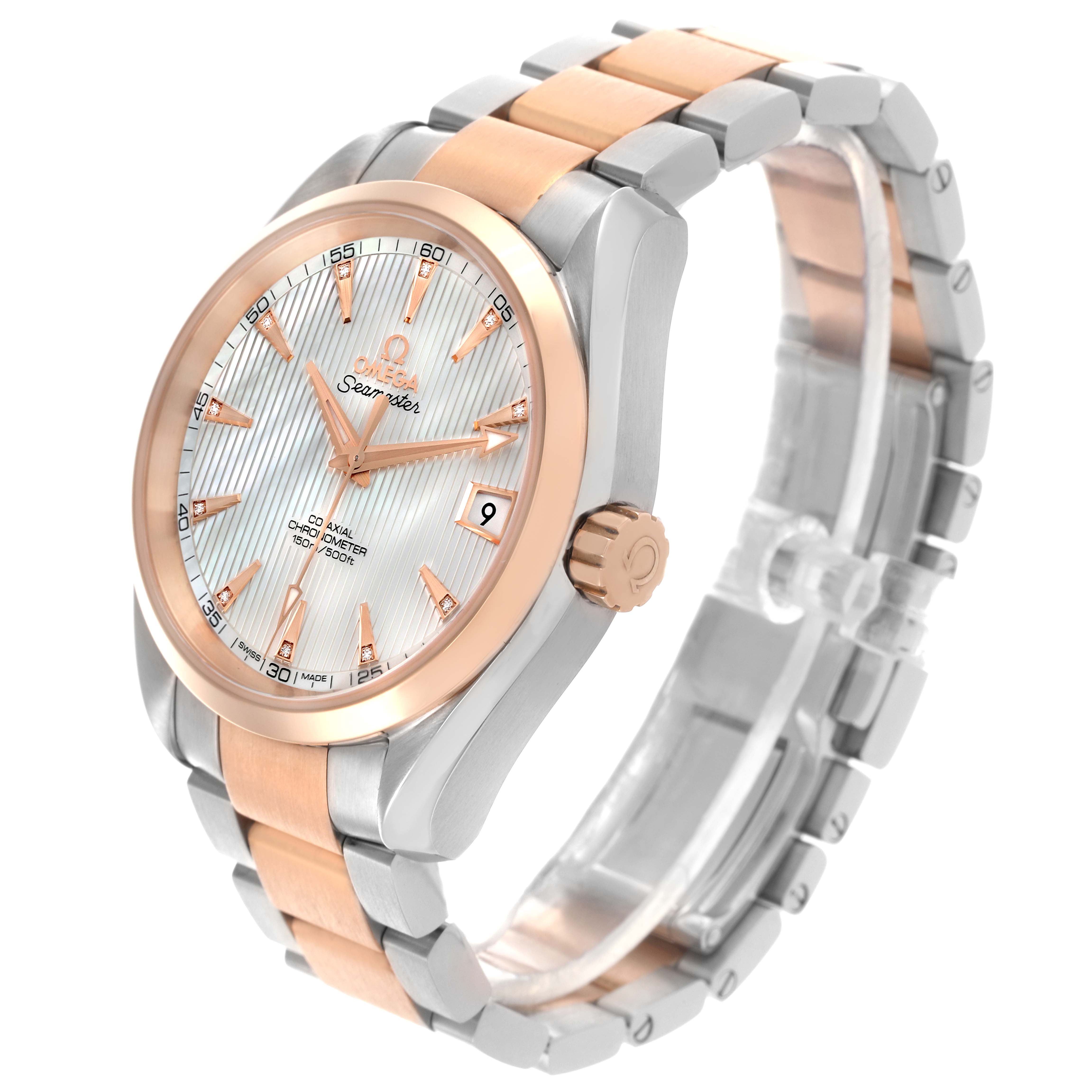 The Omega Aqua Terra 231.20.39.21.55.001 Men's Steel and Gold (two tone) Mother of Pearl Dial 231.20.39.21.55.001 Men's Steel and Gold (two tone) Mother of Pearl Dial watch is shown from a three-quarters angle, highlighting the dial, bezel, and bracelet.