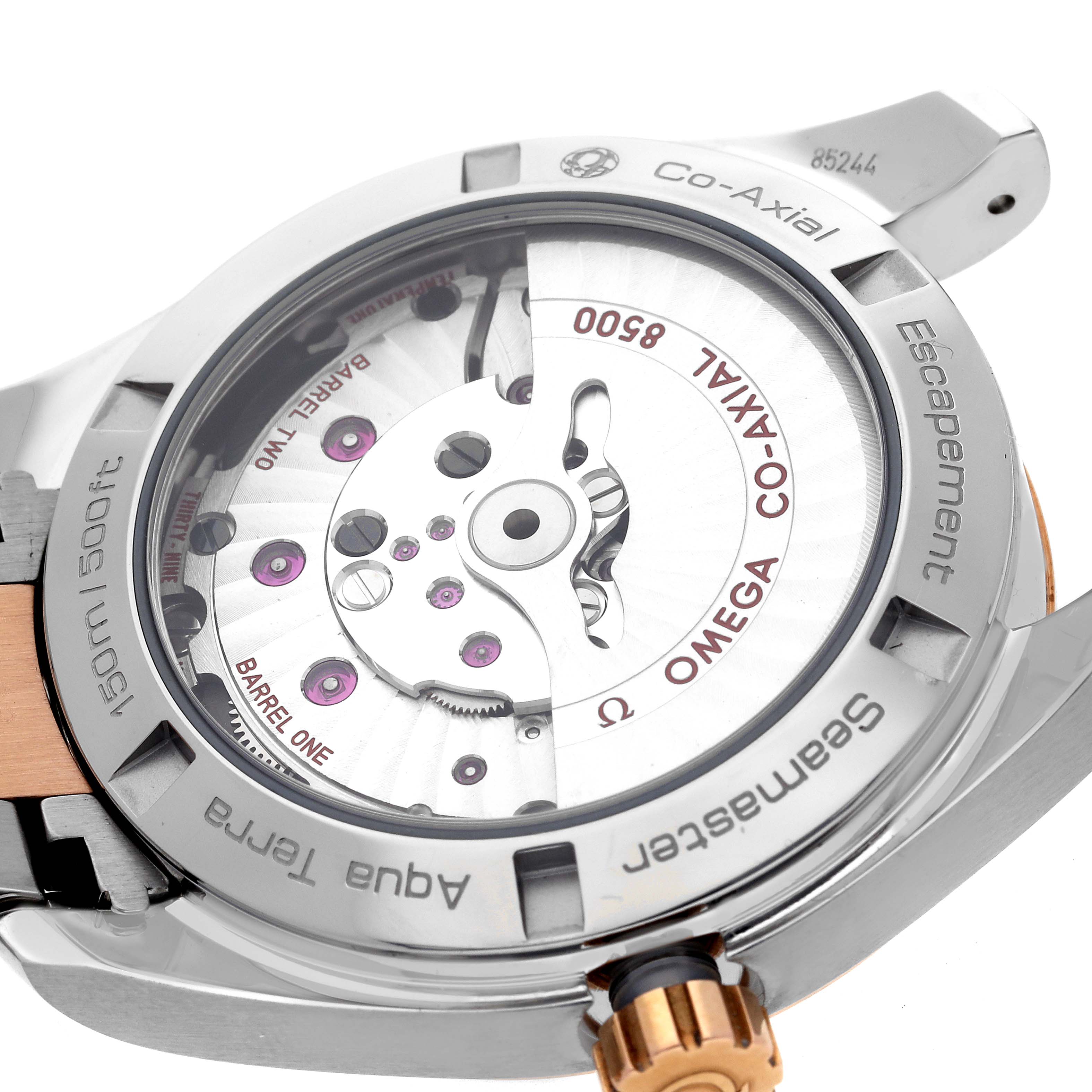 The image shows the back view of the Omega Aqua Terra 231.20.39.21.55.001 Men's Steel and Gold (two tone) Mother of Pearl Dial 231.20.39.21.55.001 Men's Steel and Gold (two tone) Mother of Pearl Dial watch, highlighting the Co-Axial escapement and internal movement components.