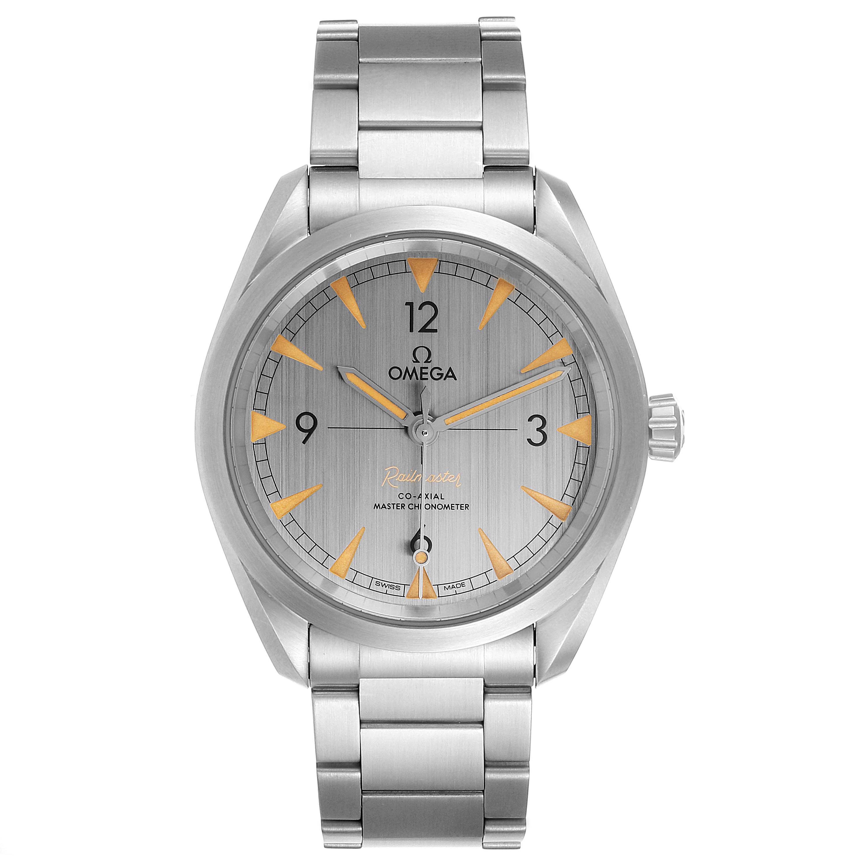 The image shows a front view of the Omega Seamaster 220.10.40.20.06.001 Men
s Stainless Steel Grey Dial 220.10.40.20.06.001 Men
s Stainless Steel Grey Dial watch, highlighting the dial, crown, and stainless steel bracelet.