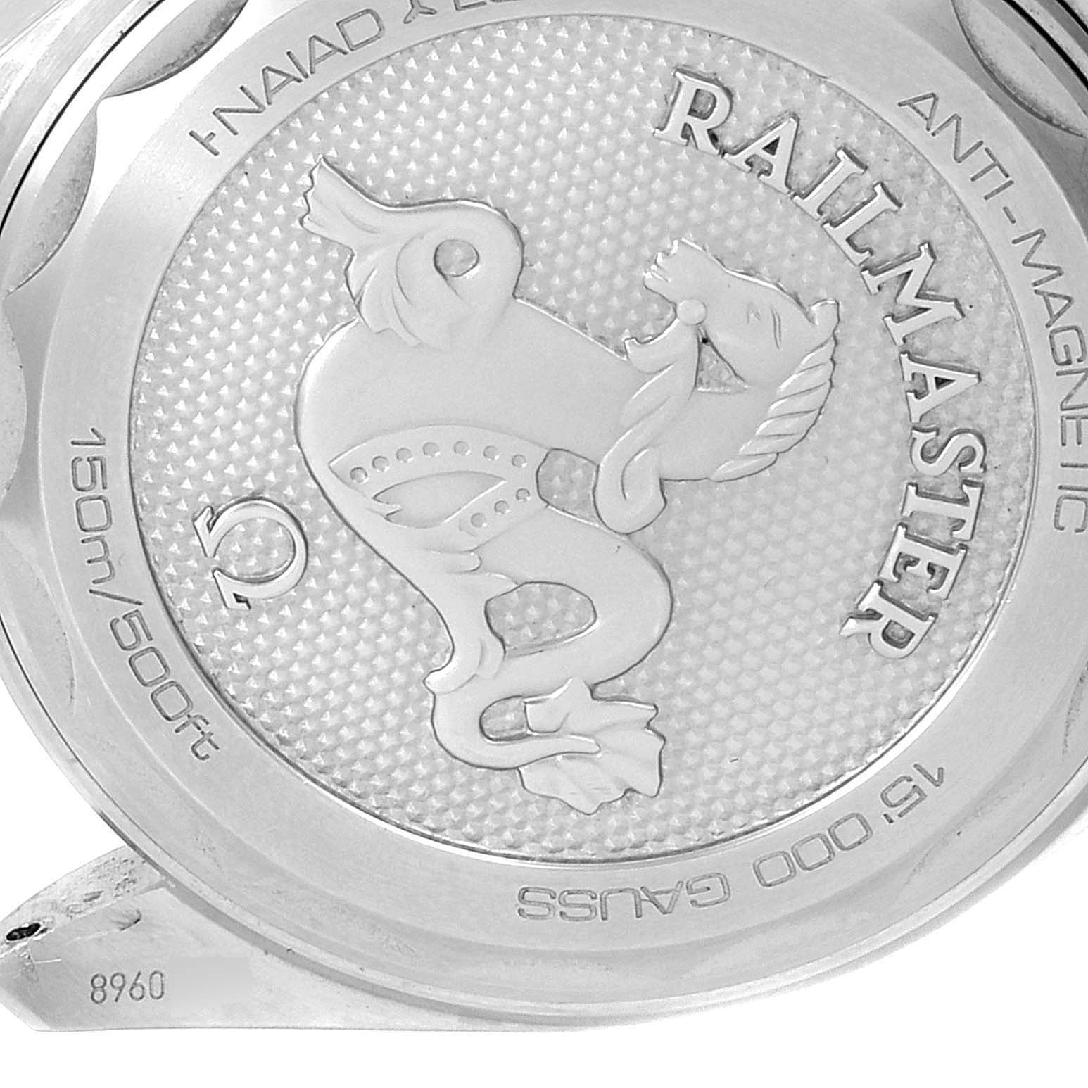 The image shows the back case of an Omega Seamaster 220.10.40.20.06.001 Men
s Stainless Steel Grey Dial 220.10.40.20.06.001 Men
s Stainless Steel Grey Dial Railmaster watch, highlighting the engraved hippocampus design and text.