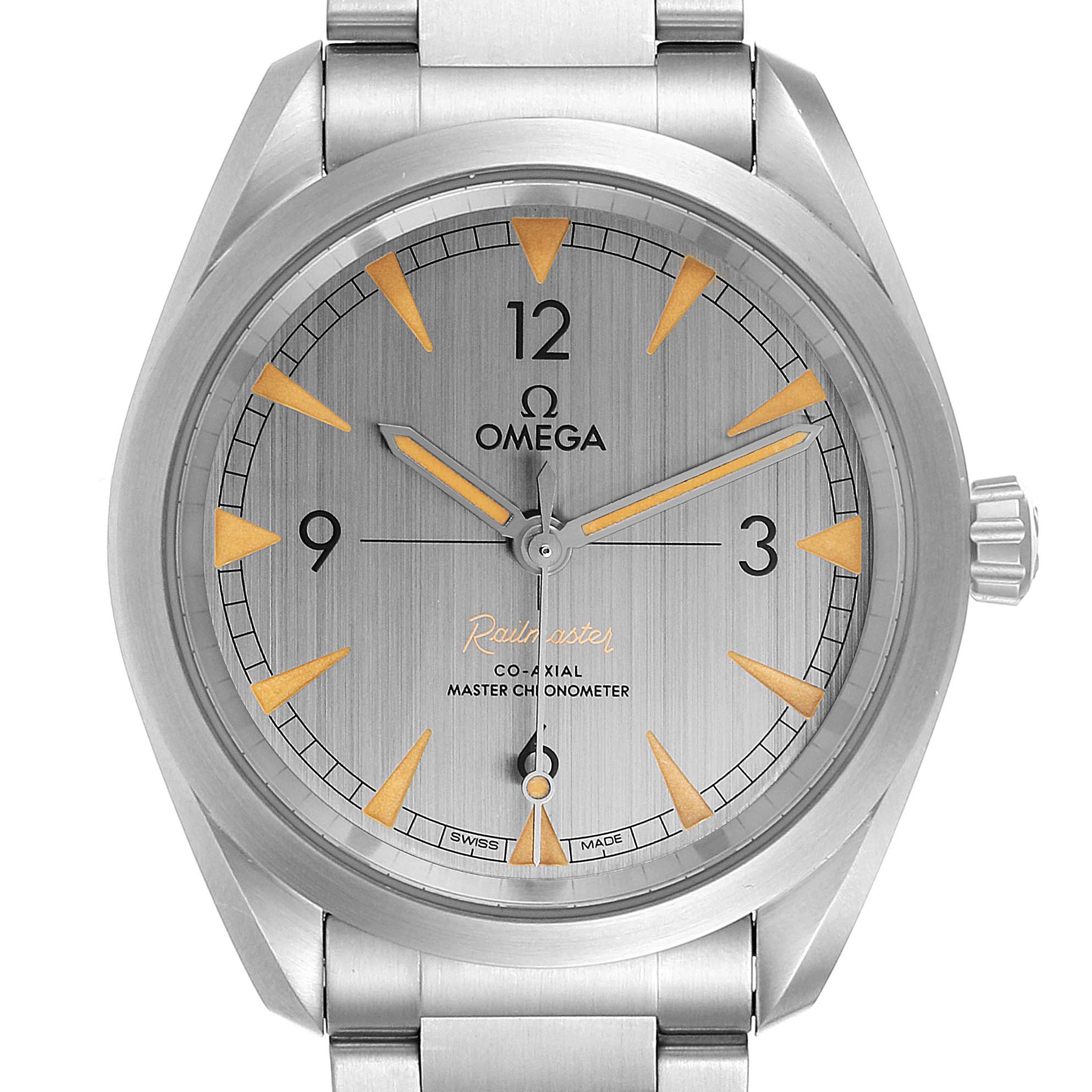 This is a front view of the Omega Seamaster 220.10.40.20.06.001 Men
s Stainless Steel Grey Dial 220.10.40.20.06.001 Men
s Stainless Steel Grey Dial watch, showing the face, hands, dial, and part of the stainless steel bracelet.