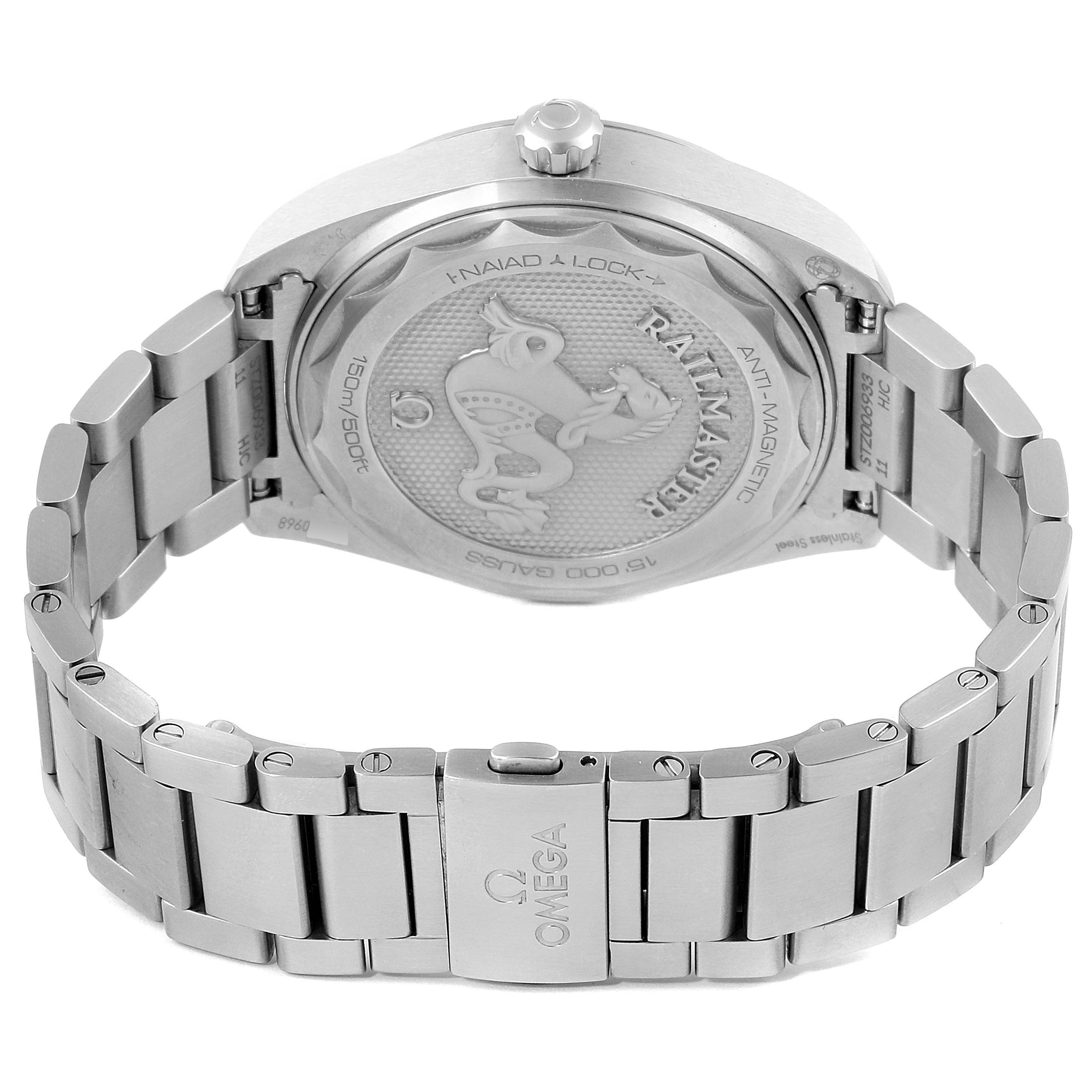 The image shows the rear view of an Omega Seamaster 220.10.40.20.06.001 Men
s Stainless Steel Grey Dial 220.10.40.20.06.001 Men
s Stainless Steel Grey Dial watch, focusing on the case back and stainless steel bracelet.