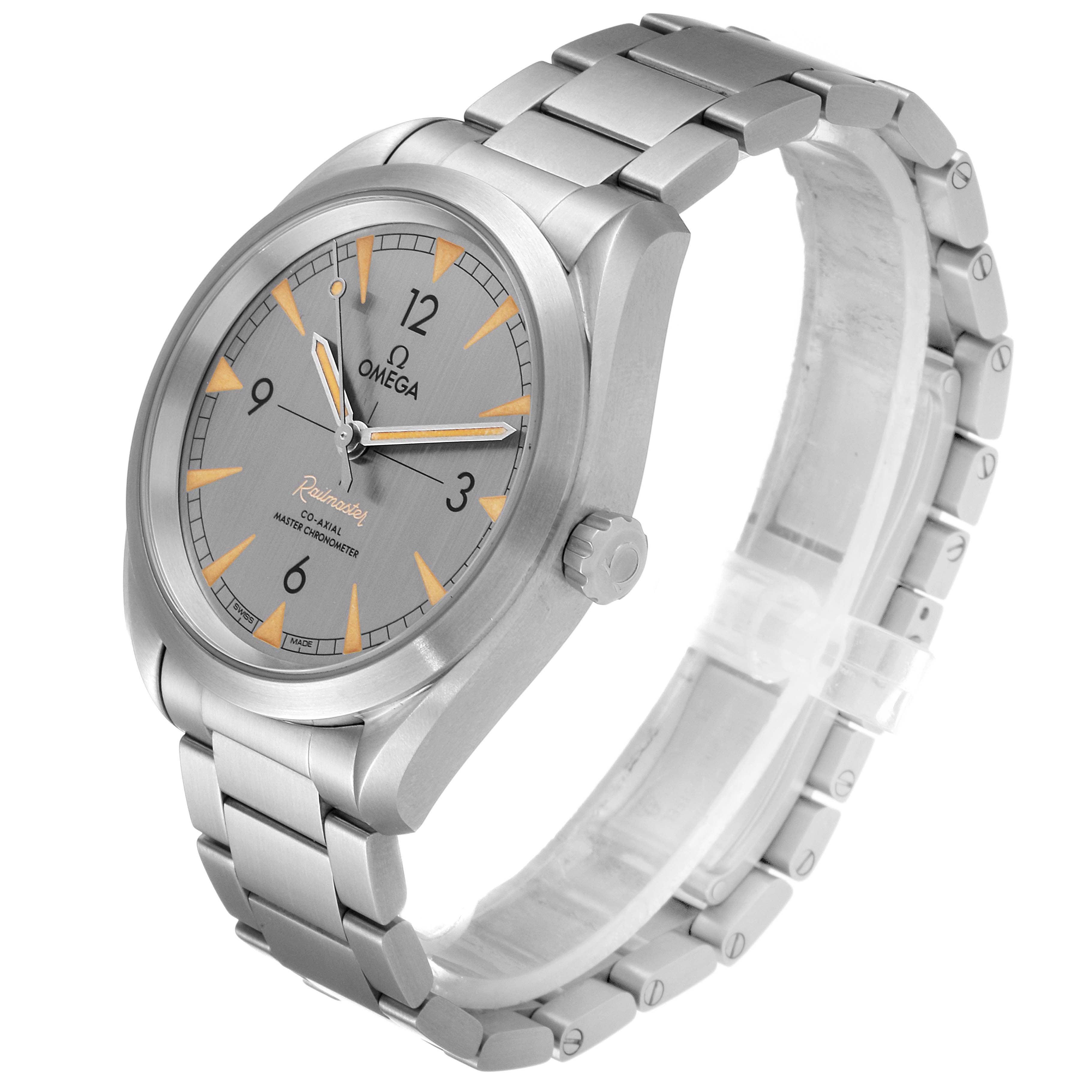 The Omega Seamaster 220.10.40.20.06.001 Men
s Stainless Steel Grey Dial 220.10.40.20.06.001 Men
s Stainless Steel Grey Dial watch is shown from an angled view, highlighting the face, bezel, crown, and stainless steel bracelet.