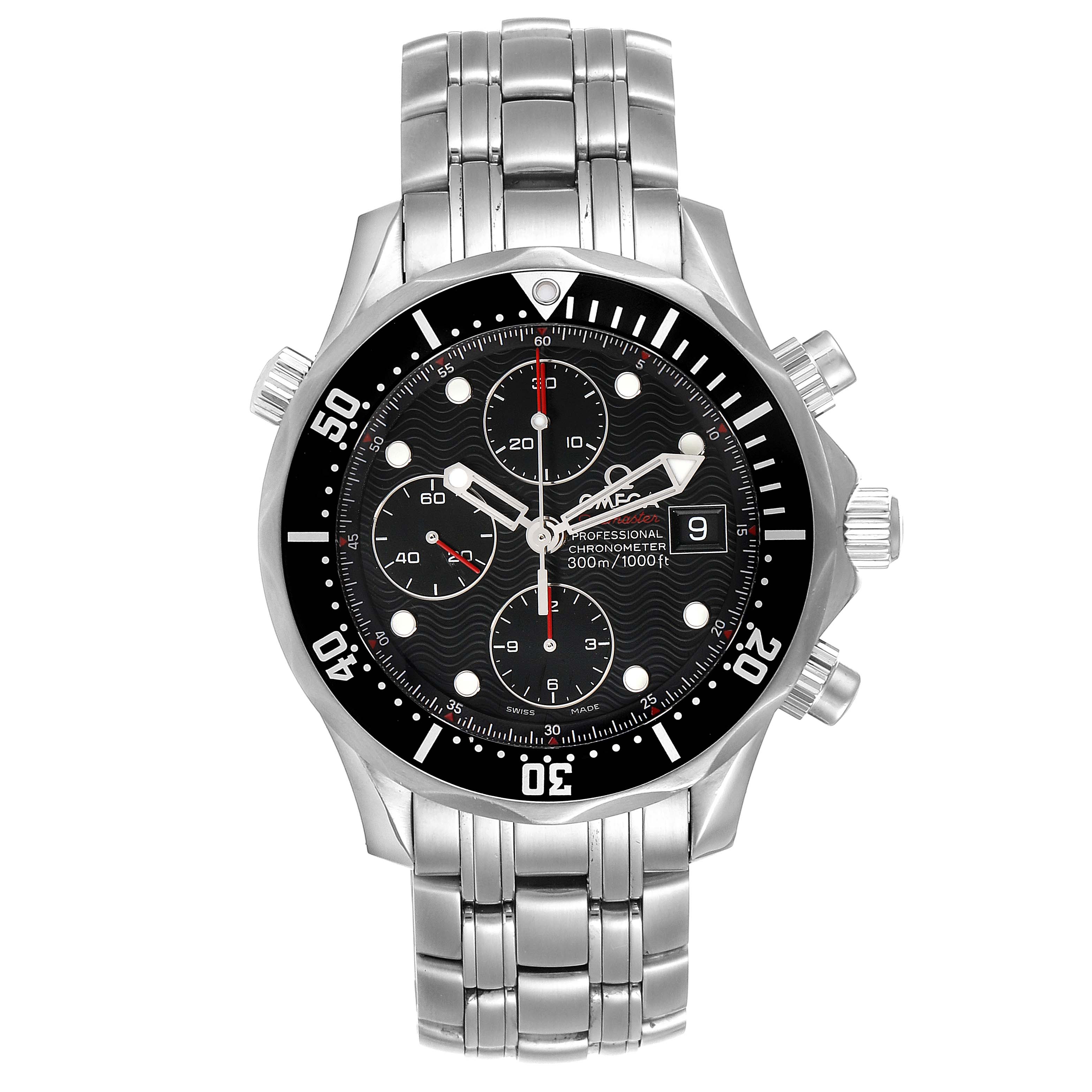 The Omega Seamaster 213.30.42.40.01.001 Men
s Stainless Steel Black Dial 213.30.42.40.01.001 Men
s Stainless Steel Black Dial watch is shown from a front angle, displaying its face, bezel, crown, push-buttons, and metal bracelet.