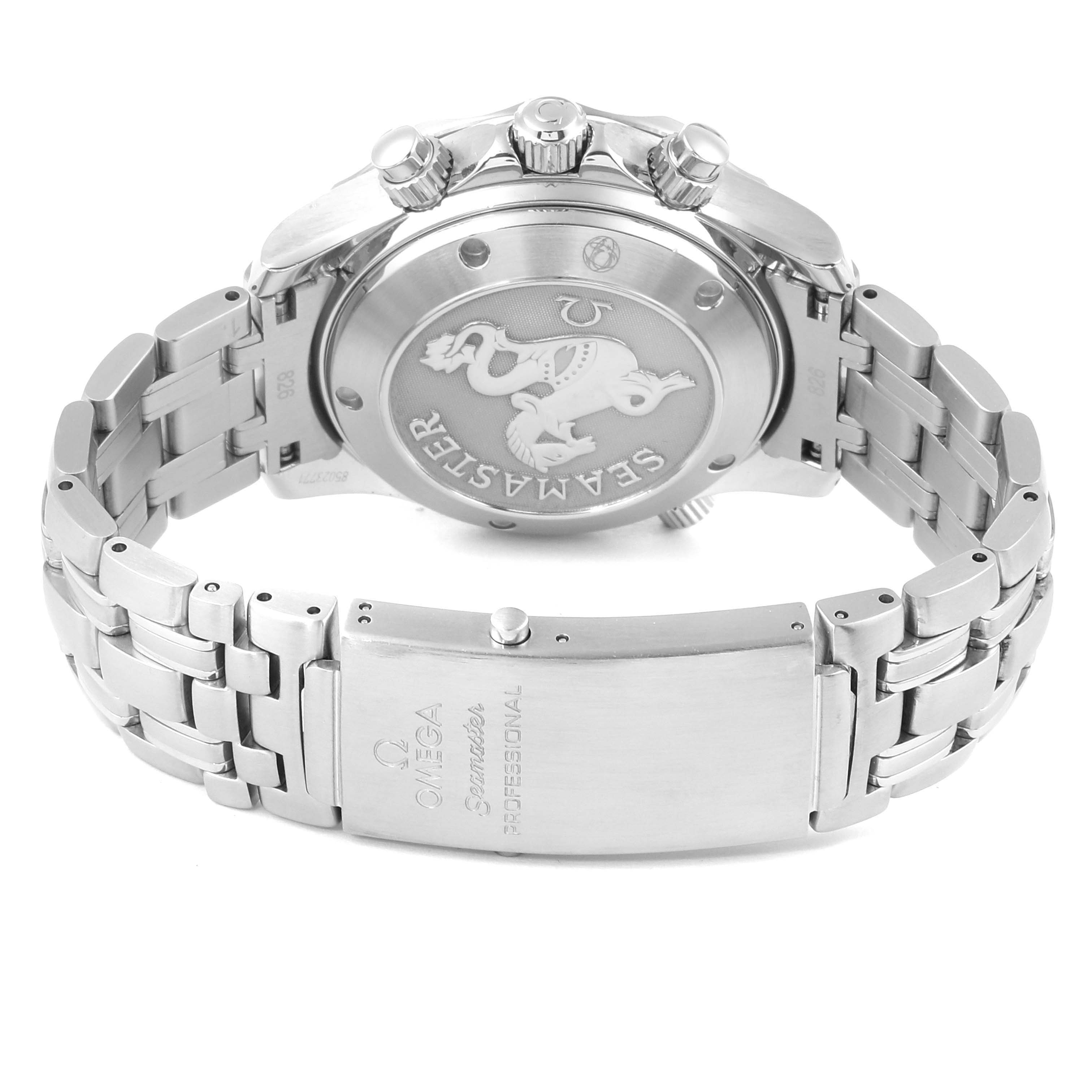 The image shows the back view of the Omega Seamaster 213.30.42.40.01.001 Men
s Stainless Steel Black Dial 213.30.42.40.01.001 Men
s Stainless Steel Black Dial watch, highlighting the case back, bracelet, and clasp.