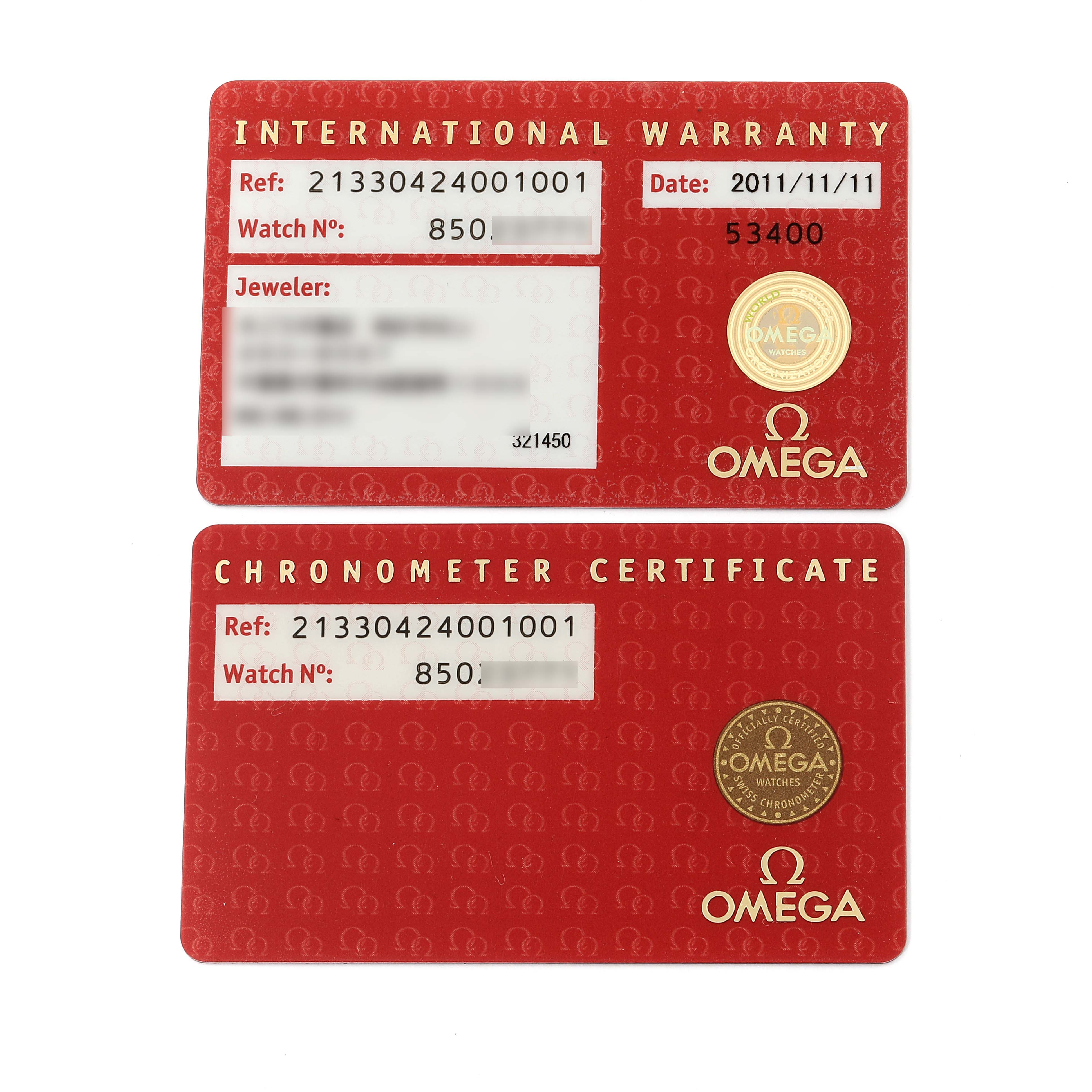 The image shows the International Warranty and Chronometer Certificate cards for the Omega Seamaster 213.30.42.40.01.001 Men
s Stainless Steel Black Dial 213.30.42.40.01.001 Men
s Stainless Steel Black Dial watch model.