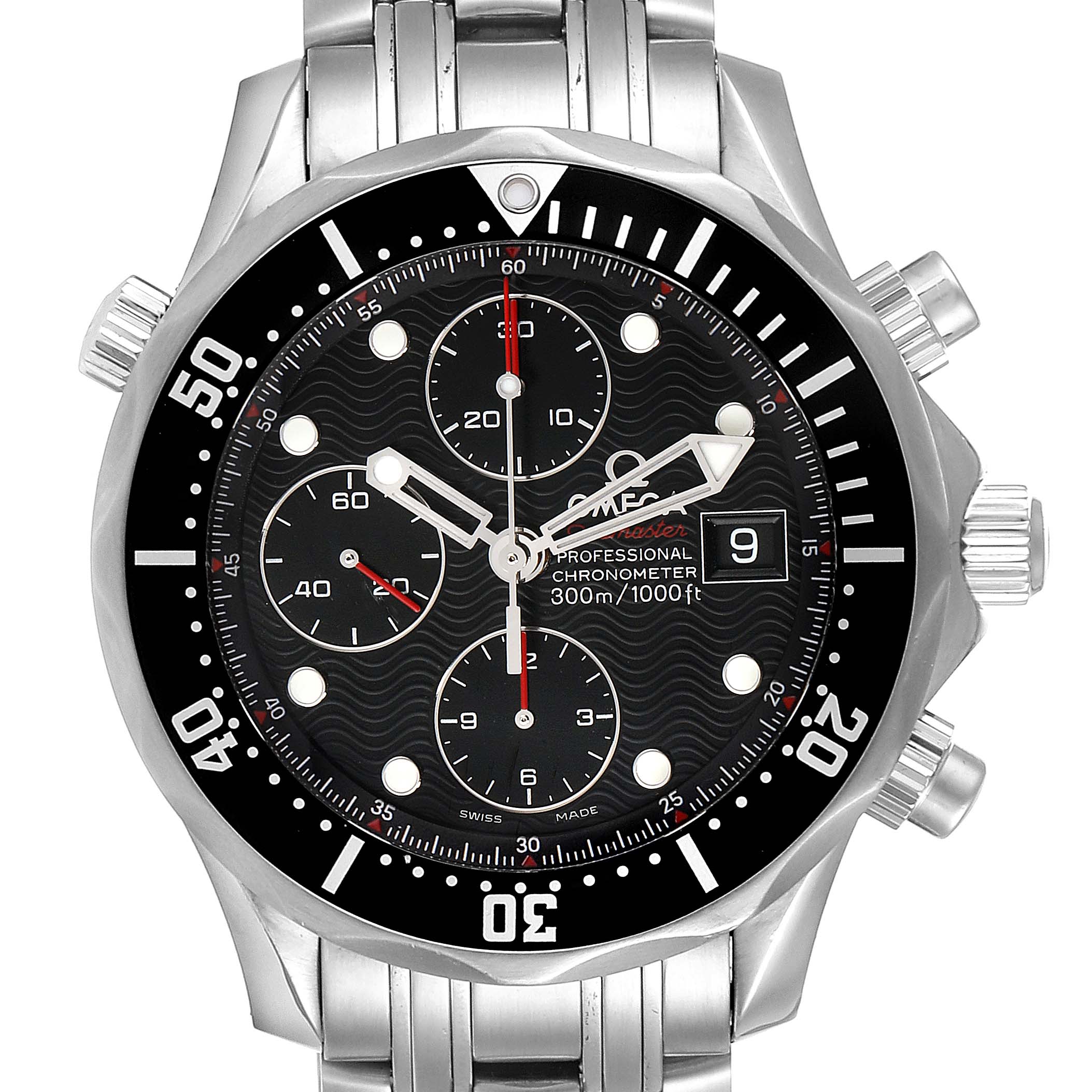 The image displays a front view of the Omega Seamaster 213.30.42.40.01.001 Men
s Stainless Steel Black Dial 213.30.42.40.01.001 Men
s Stainless Steel Black Dial chronograph watch, showcasing the dial, subdials, bezel, and bracelet.