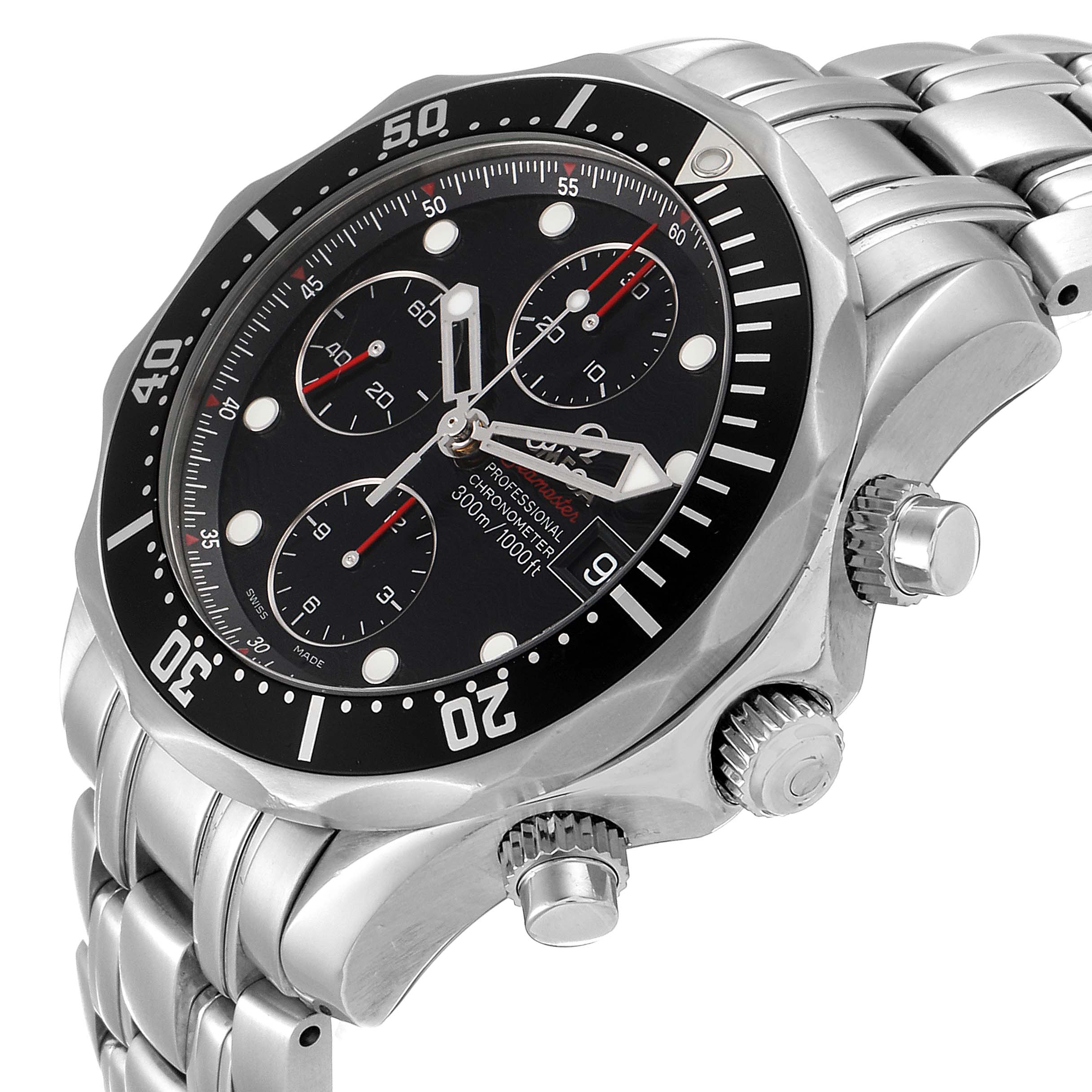 The image shows a close-up, side-angle view of the Omega Seamaster 213.30.42.40.01.001 Men
s Stainless Steel Black Dial 213.30.42.40.01.001 Men
s Stainless Steel Black Dial watch, highlighting its face, bezel, crowns, and stainless steel bracelet.