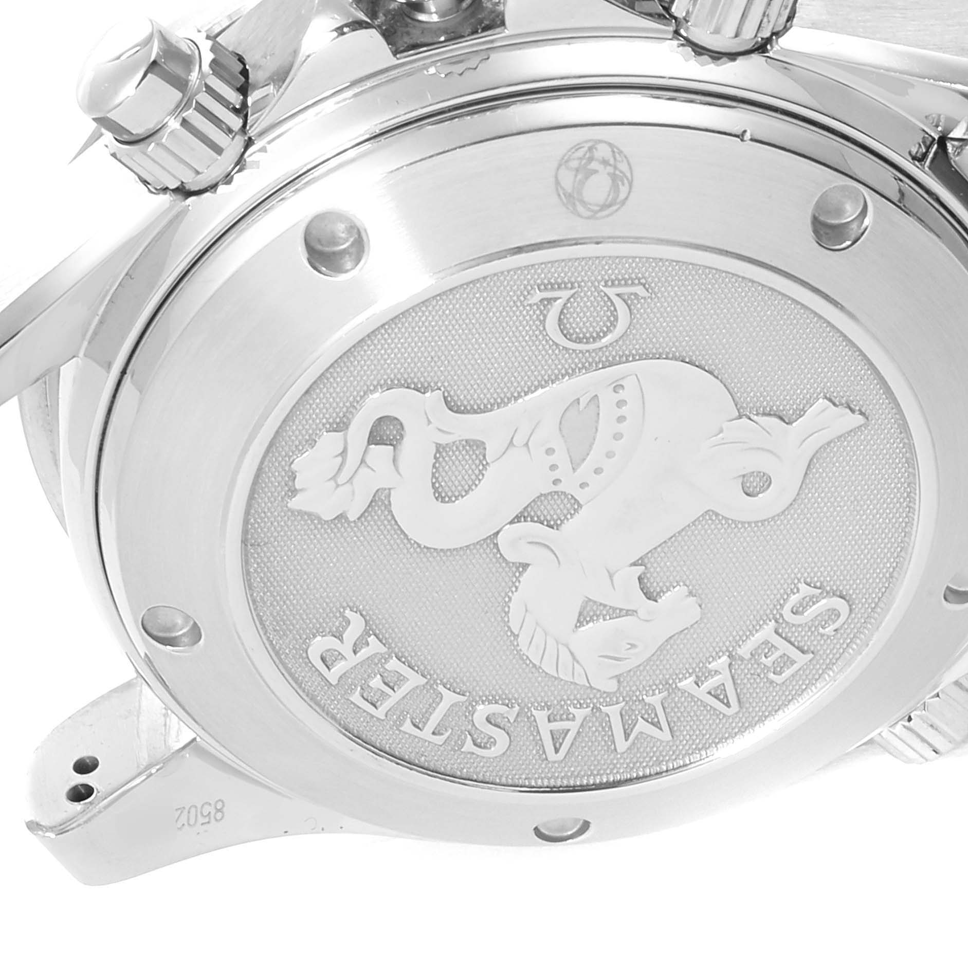 The image shows the back case and crown of an Omega Seamaster 213.30.42.40.01.001 Men
s Stainless Steel Black Dial 213.30.42.40.01.001 Men
s Stainless Steel Black Dial watch, featuring the engraved logo and model name.