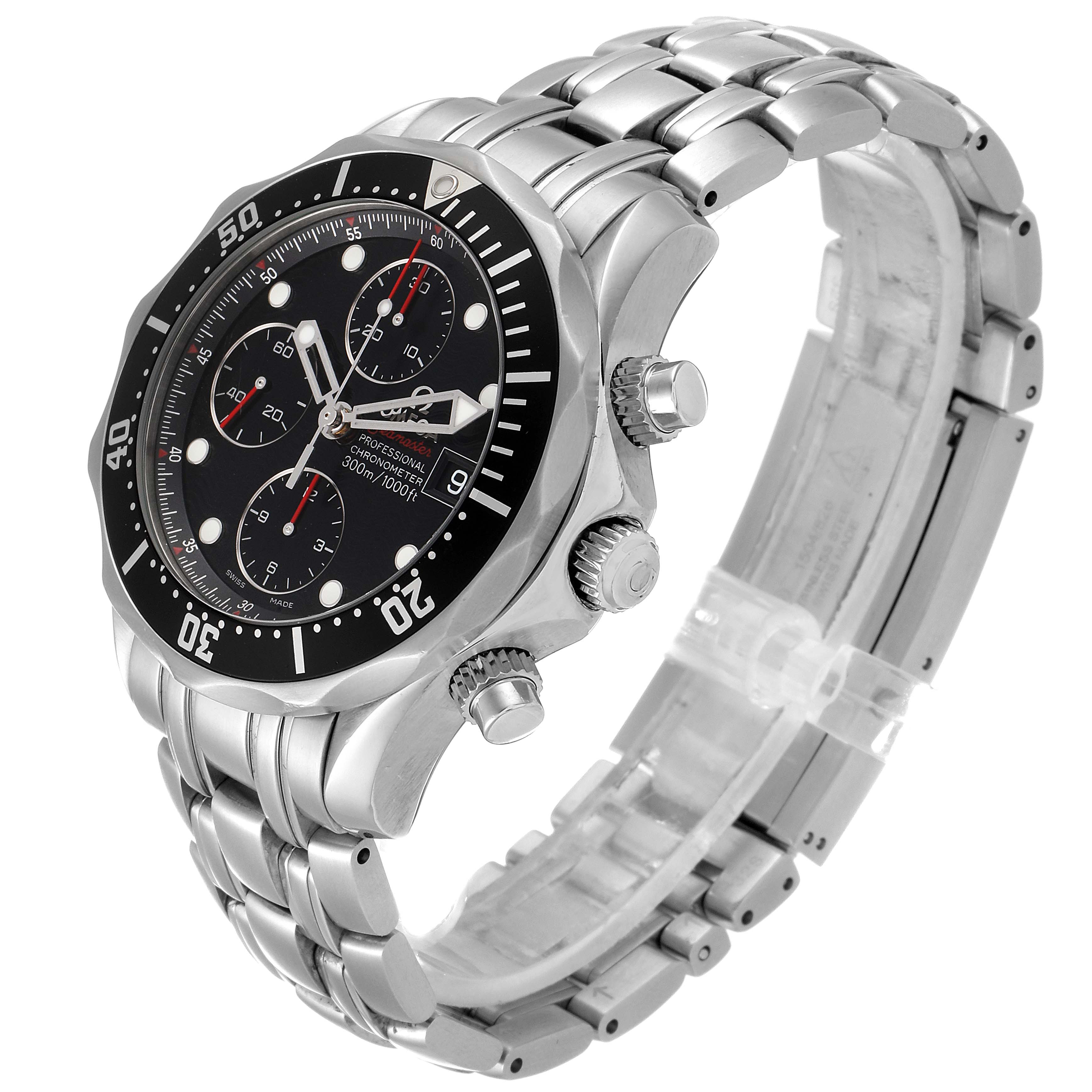 The Omega Seamaster 213.30.42.40.01.001 Men
s Stainless Steel Black Dial 213.30.42.40.01.001 Men
s Stainless Steel Black Dial watch is shown from a front-side angle displaying its face, bezel, crown, and stainless steel bracelet.