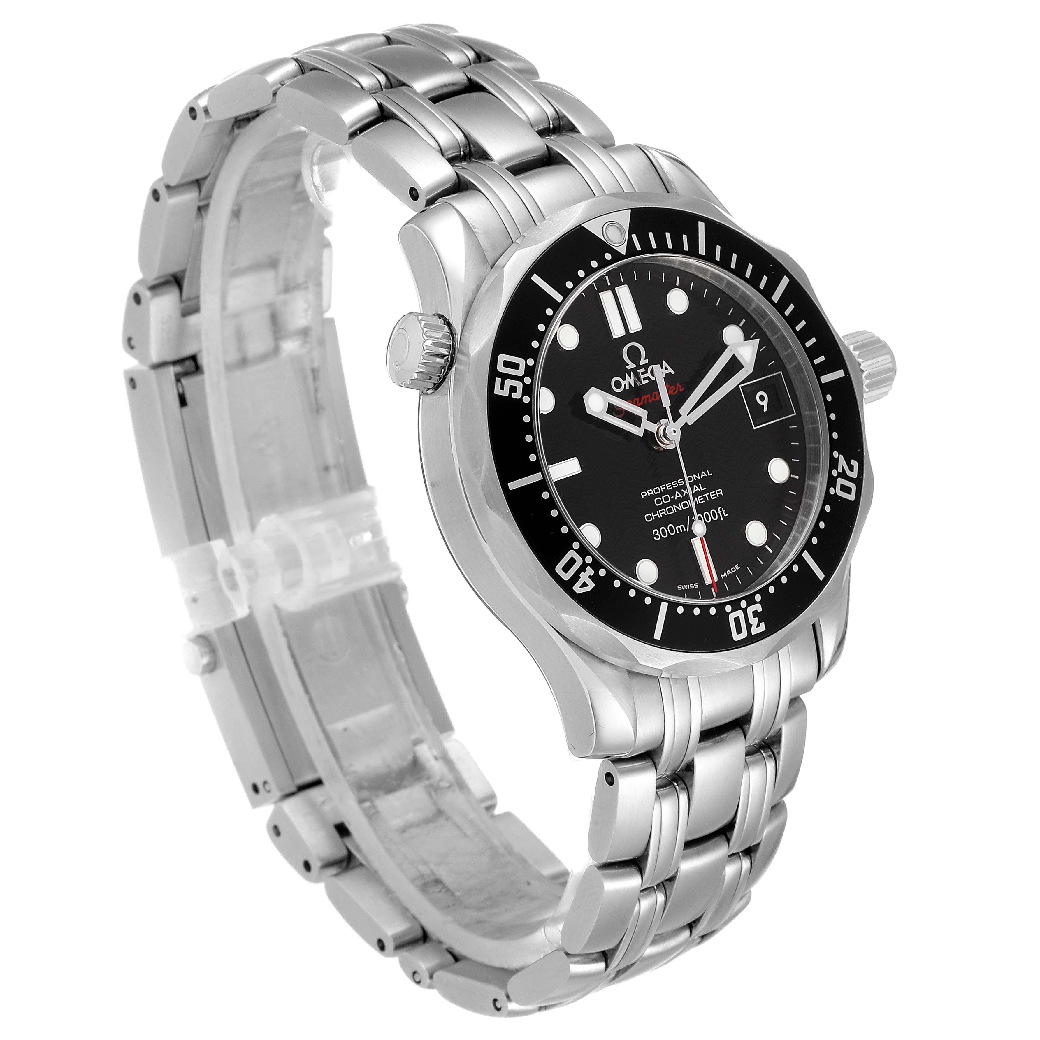 The image shows an Omega Seamaster 212.30.36.20.01.001 Men
s Stainless Steel Black Dial 212.30.36.20.01.001 Men
s Stainless Steel Black Dial watch at a three-quarter angle, highlighting the dial, bezel, crown, and metal bracelet.