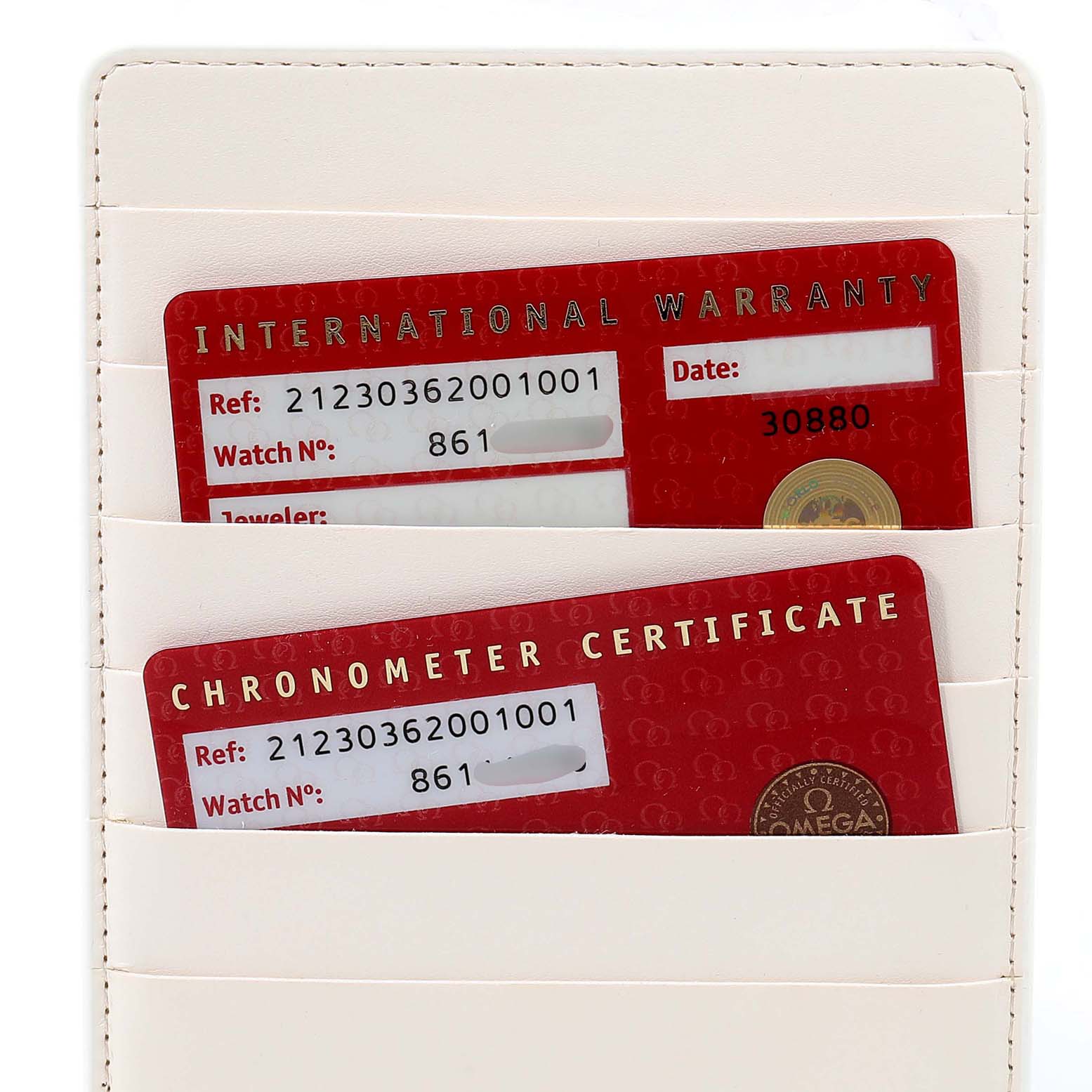 The image shows the International Warranty and Chronometer Certificate cards for the Omega Seamaster 212.30.36.20.01.001 Men
s Stainless Steel Black Dial 212.30.36.20.01.001 Men
s Stainless Steel Black Dial model.