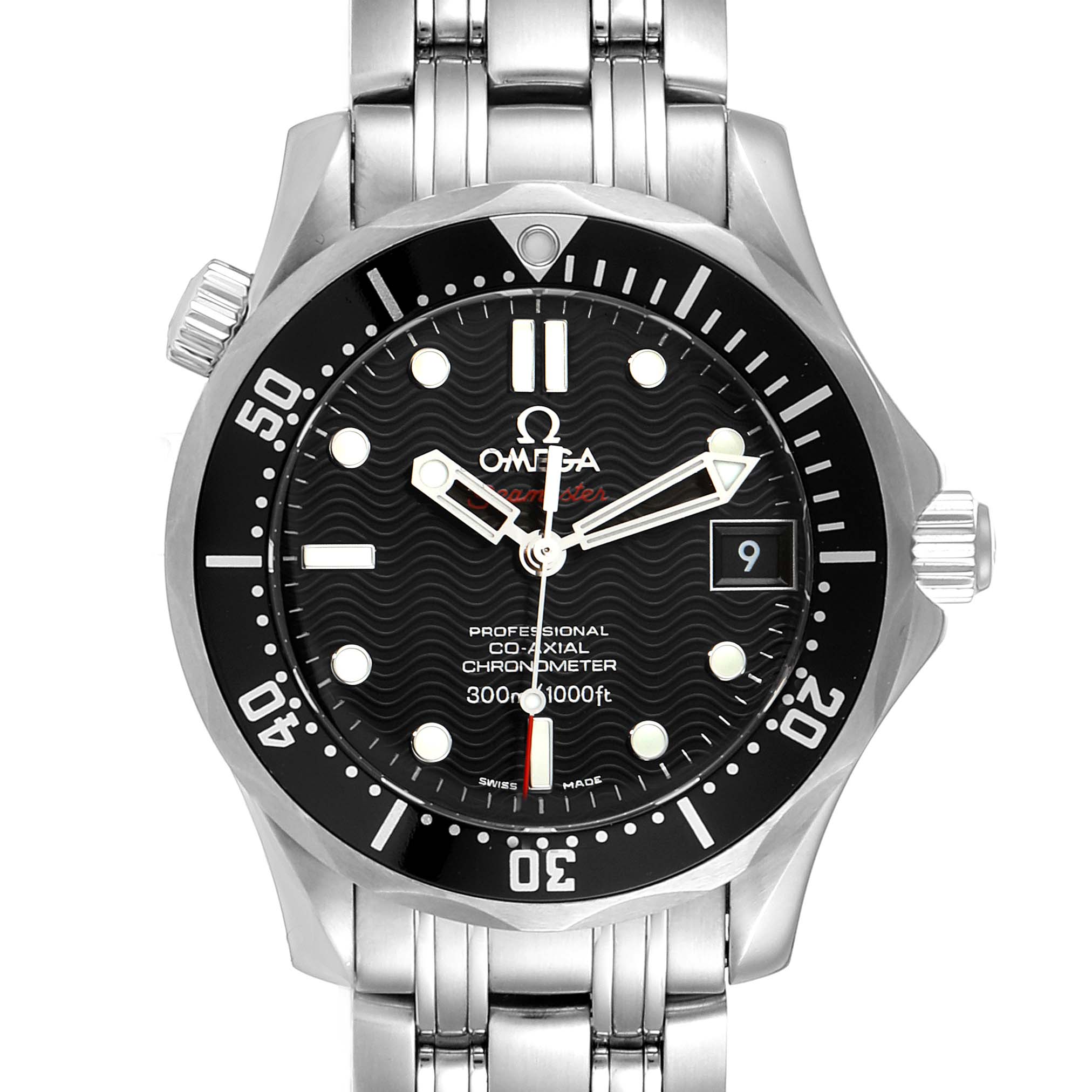 The Omega Seamaster 212.30.36.20.01.001 Men
s Stainless Steel Black Dial 212.30.36.20.01.001 Men
s Stainless Steel Black Dial watch is shown from the front, displaying the dial, bezel, hands, and part of the stainless steel bracelet.
