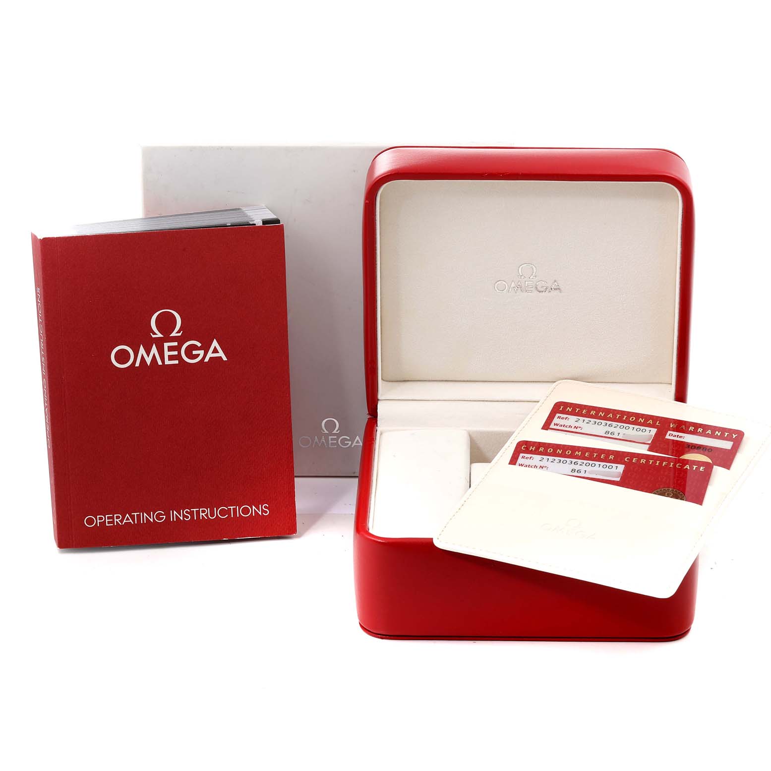 The image shows the Omega Seamaster 212.30.36.20.01.001 Men
s Stainless Steel Black Dial 212.30.36.20.01.001 Men
s Stainless Steel Black Dial
s box, operating instructions, and certificates from a front angle.