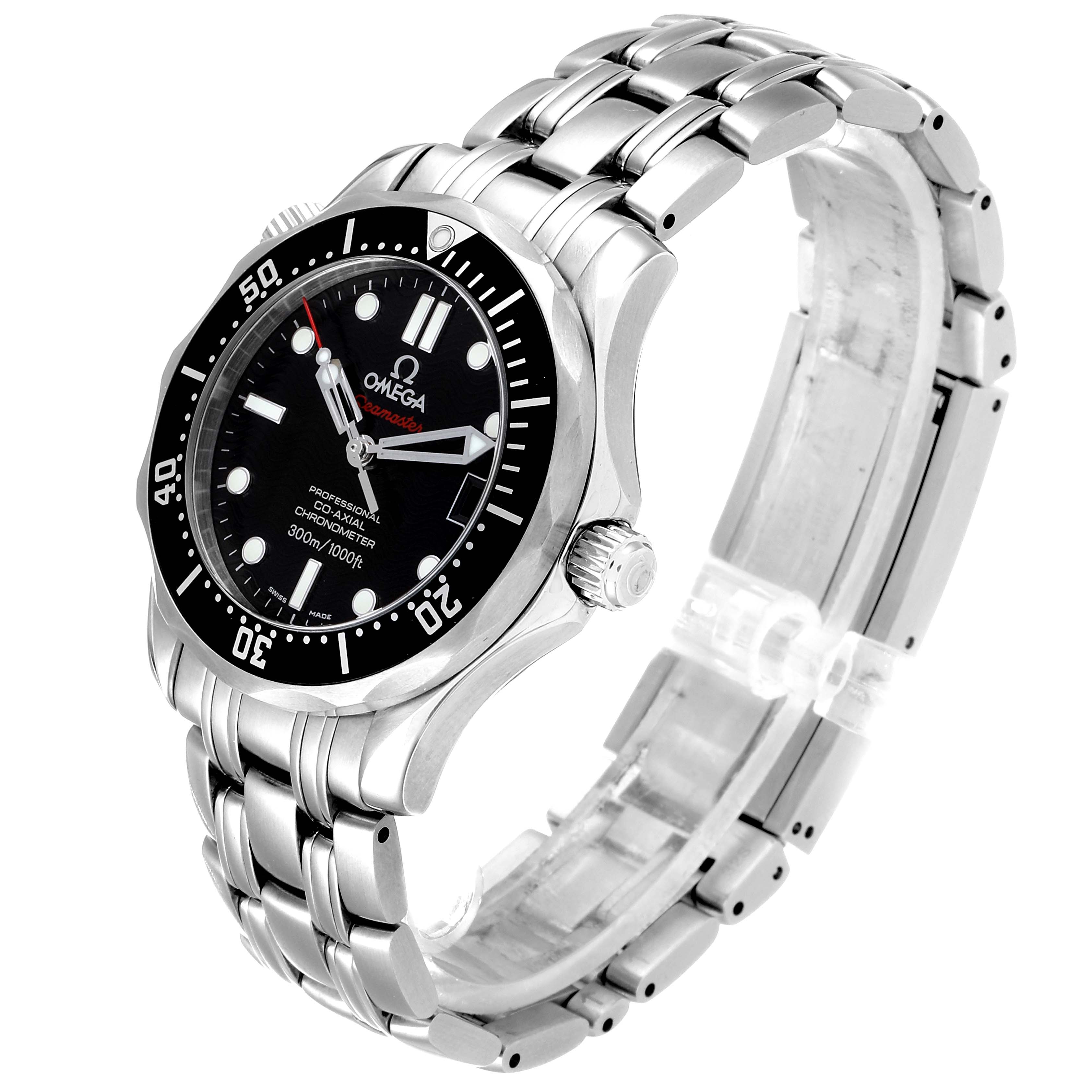 The image shows an Omega Seamaster 212.30.36.20.01.001 Men
s Stainless Steel Black Dial 212.30.36.20.01.001 Men
s Stainless Steel Black Dial watch from an oblique angle highlighting its face, bezel, crown, and metal bracelet.
