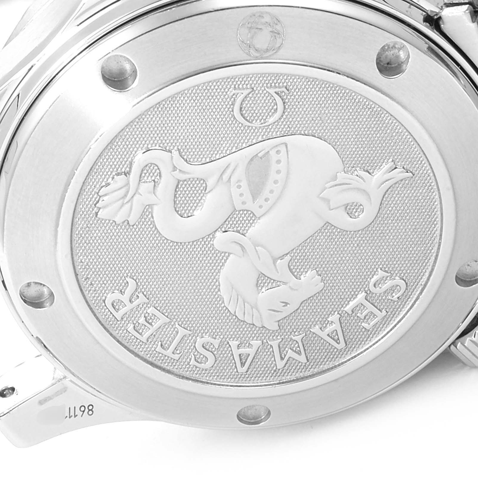 The image shows the back case of an Omega Seamaster 212.30.36.20.01.001 Men
s Stainless Steel Black Dial 212.30.36.20.01.001 Men
s Stainless Steel Black Dial watch featuring engravings and a decorative emblem.