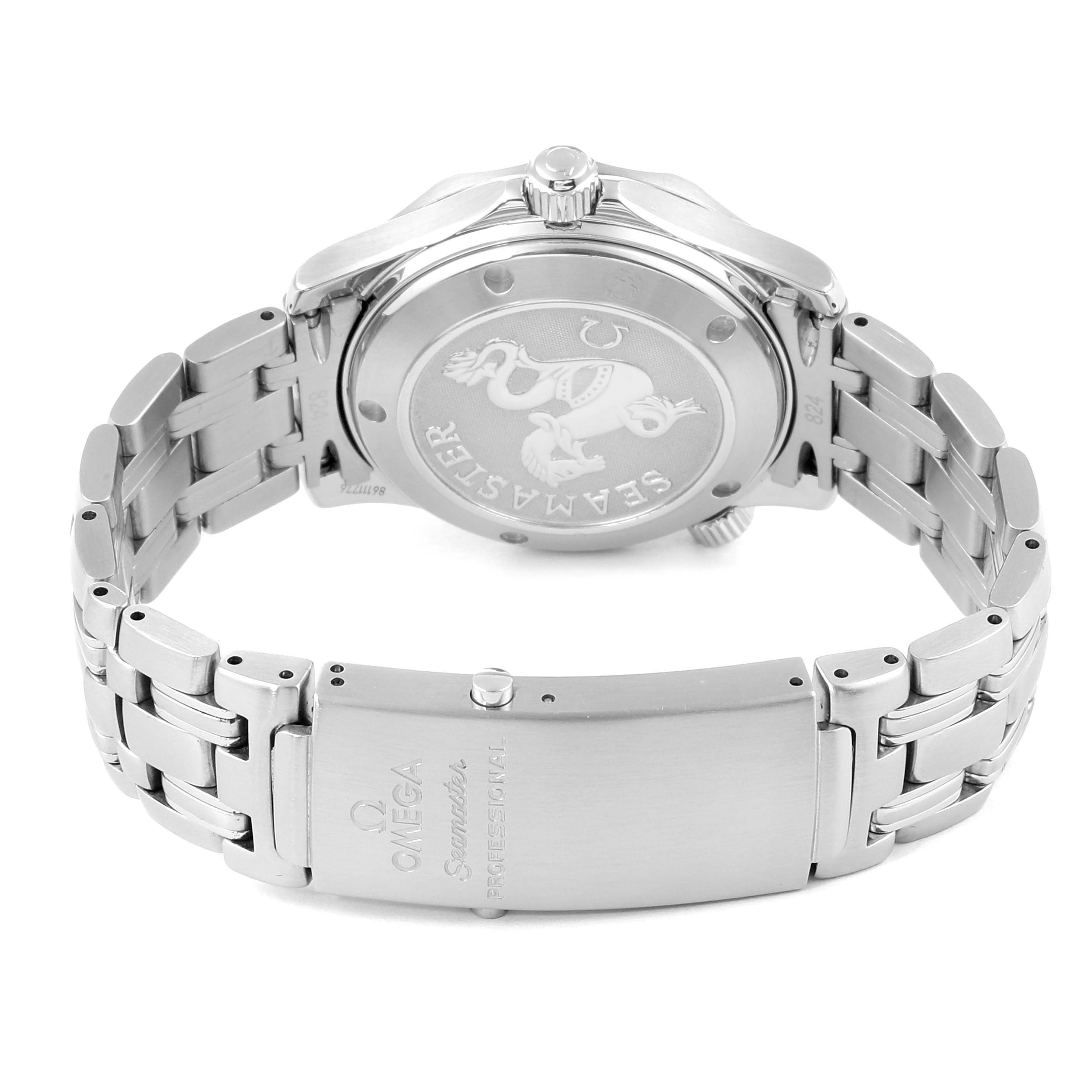 The image shows the back and bracelet clasp of an Omega Seamaster 212.30.36.20.01.001 Men
s Stainless Steel Black Dial 212.30.36.20.01.001 Men
s Stainless Steel Black Dial watch, showcasing the engraved case back and branding on the clasp.