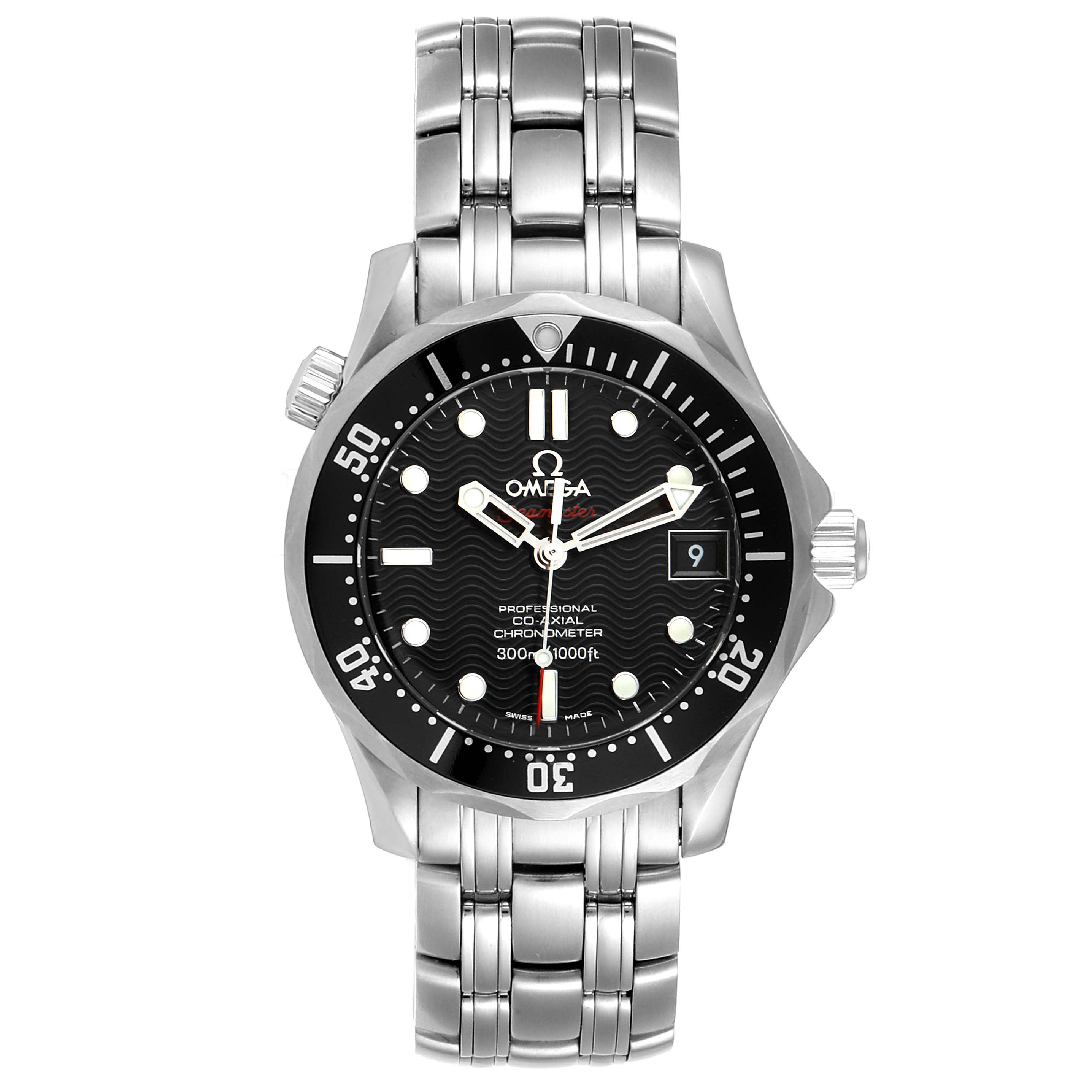 The Omega Seamaster 212.30.36.20.01.001 Men
s Stainless Steel Black Dial 212.30.36.20.01.001 Men
s Stainless Steel Black Dial watch is shown from a front angle, displaying its dial, bezel, crown, and stainless steel bracelet.