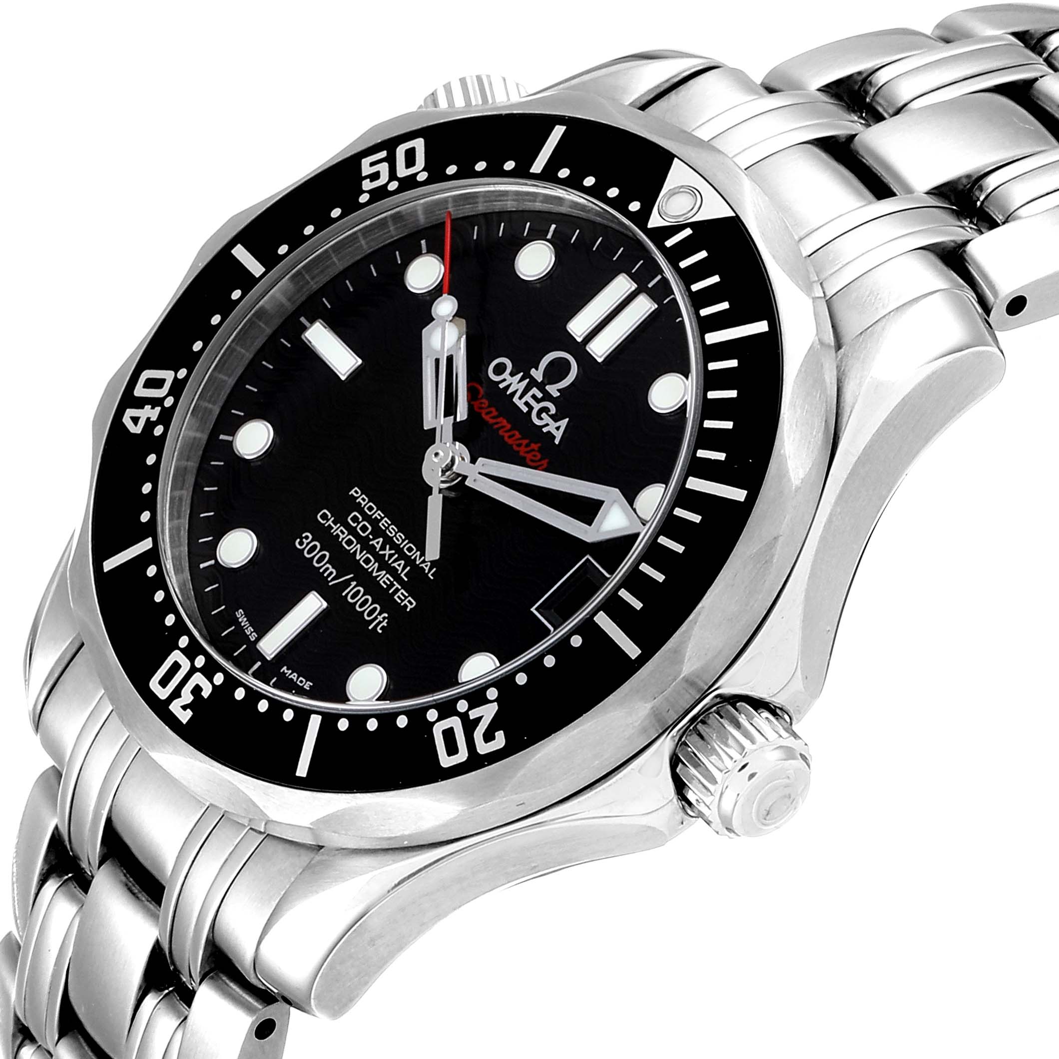 The image shows an angled view of an Omega Seamaster 212.30.36.20.01.001 Men
s Stainless Steel Black Dial 212.30.36.20.01.001 Men
s Stainless Steel Black Dial watch, highlighting the face, bezel, crown, and bracelet.