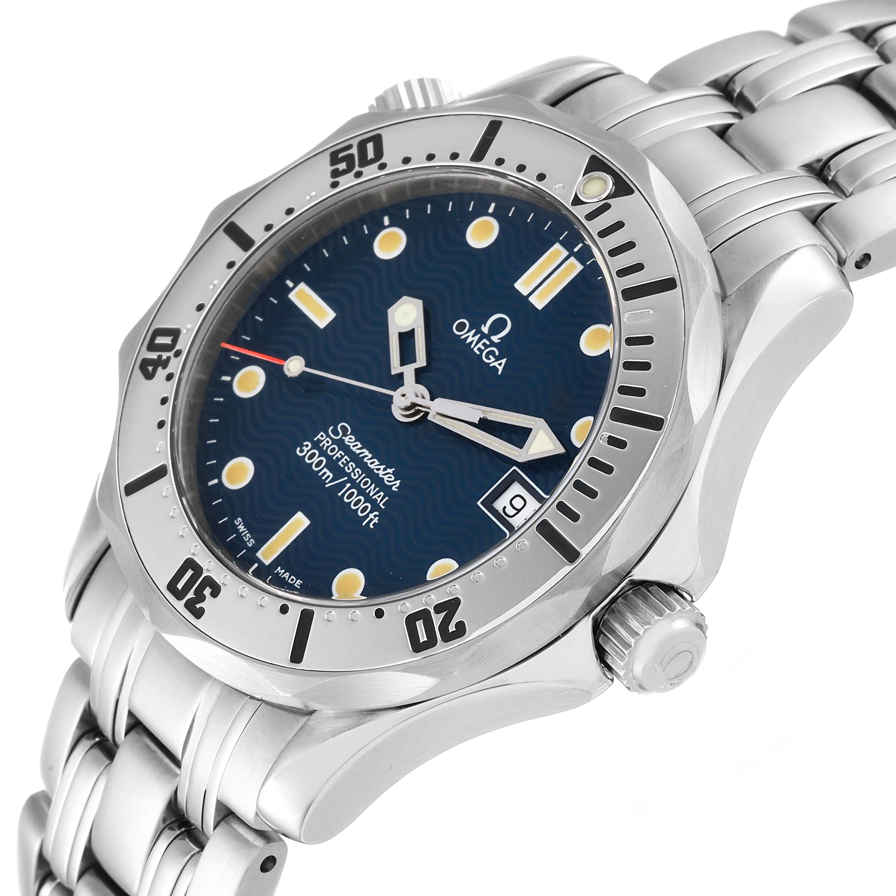 The Omega Seamaster 2562.80.00 Men
s Stainless Steel Blue Dial 2562.80.00 Men
s Stainless Steel Blue Dial watch is shown at a slight angle, highlighting its stainless steel bracelet, blue dial, and bezel.