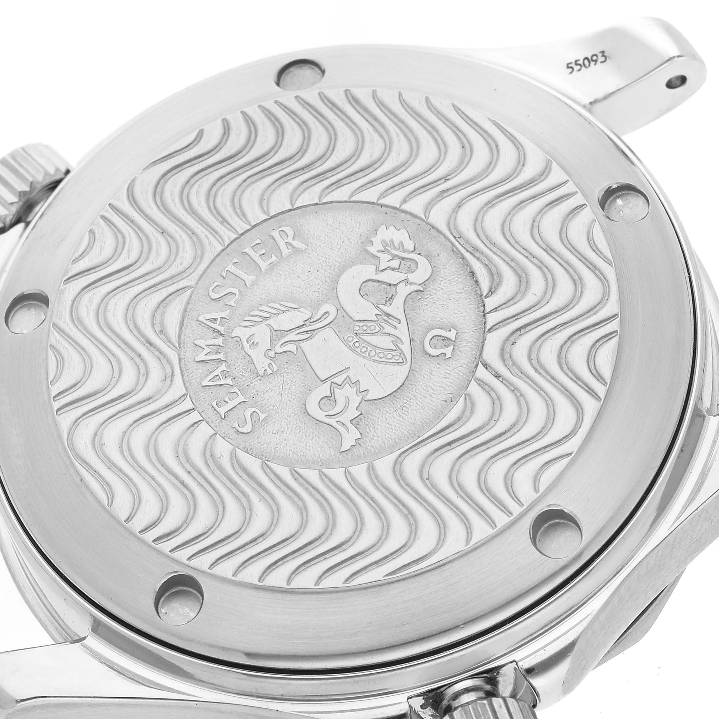 The image shows the engraved case back of an Omega Seamaster 2562.80.00 Men
s Stainless Steel Blue Dial 2562.80.00 Men
s Stainless Steel Blue Dial watch, viewed from the reverse angle.