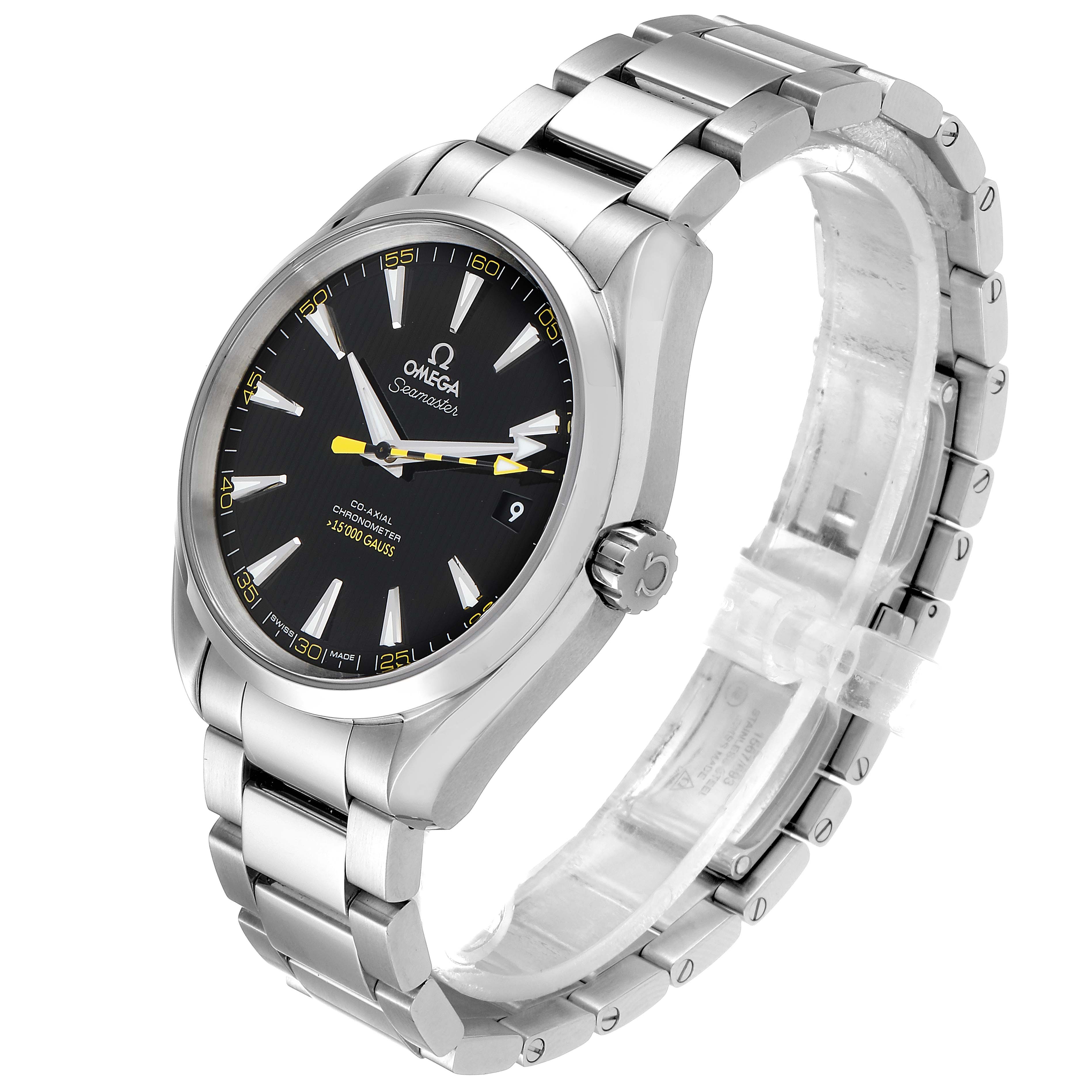 The image shows an angled view of the Omega Aqua Terra 231.10.42.21.01.002 Men's Stainless Steel Black Dial 231.10.42.21.01.002 Men's Stainless Steel Black Dial watch, highlighting its face, crown, and stainless steel bracelet.