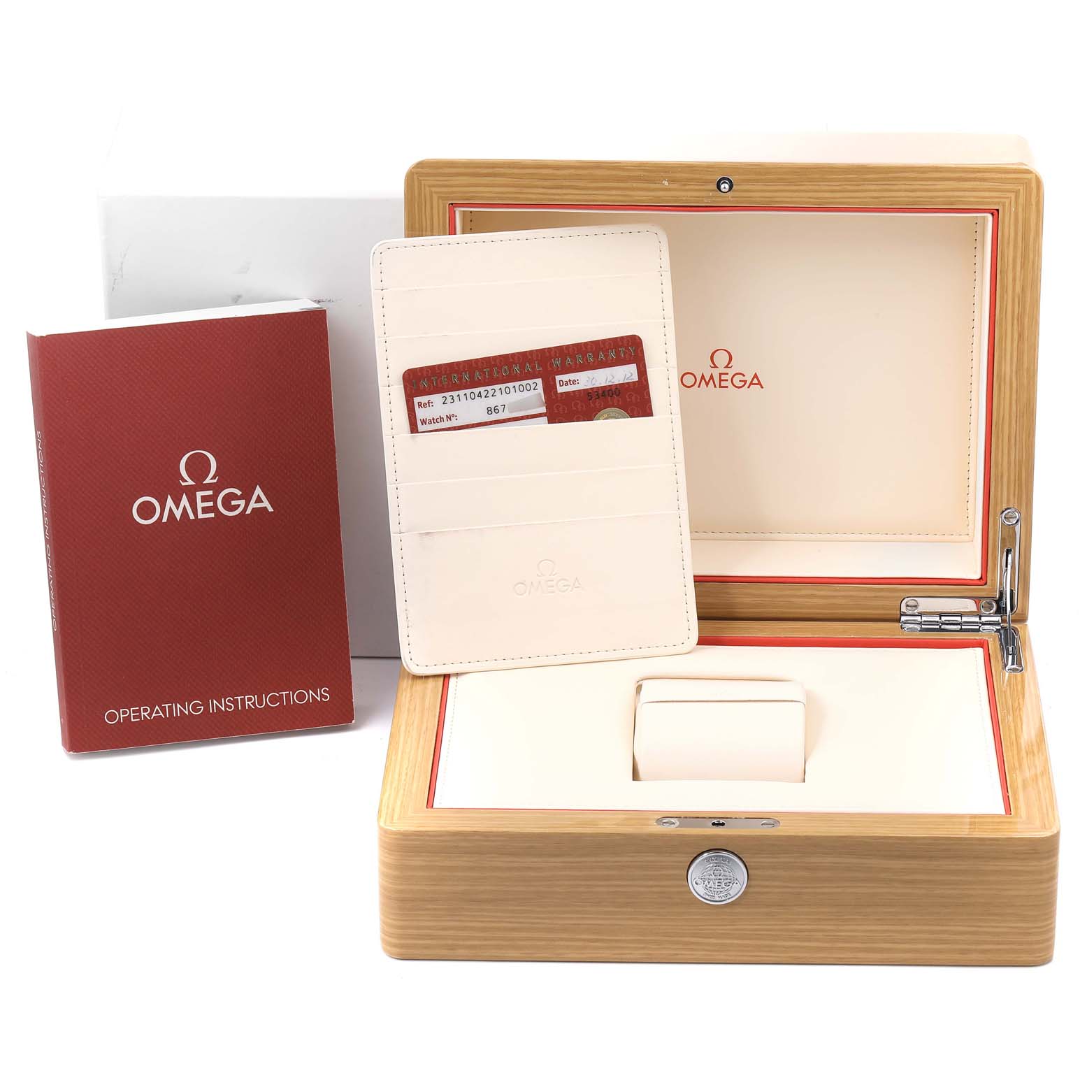 This image shows the packaging, warranty card holder, and the operating manual for the Omega Aqua Terra 231.10.42.21.01.002 Men's Stainless Steel Black Dial 231.10.42.21.01.002 Men's Stainless Steel Black Dial watch model.