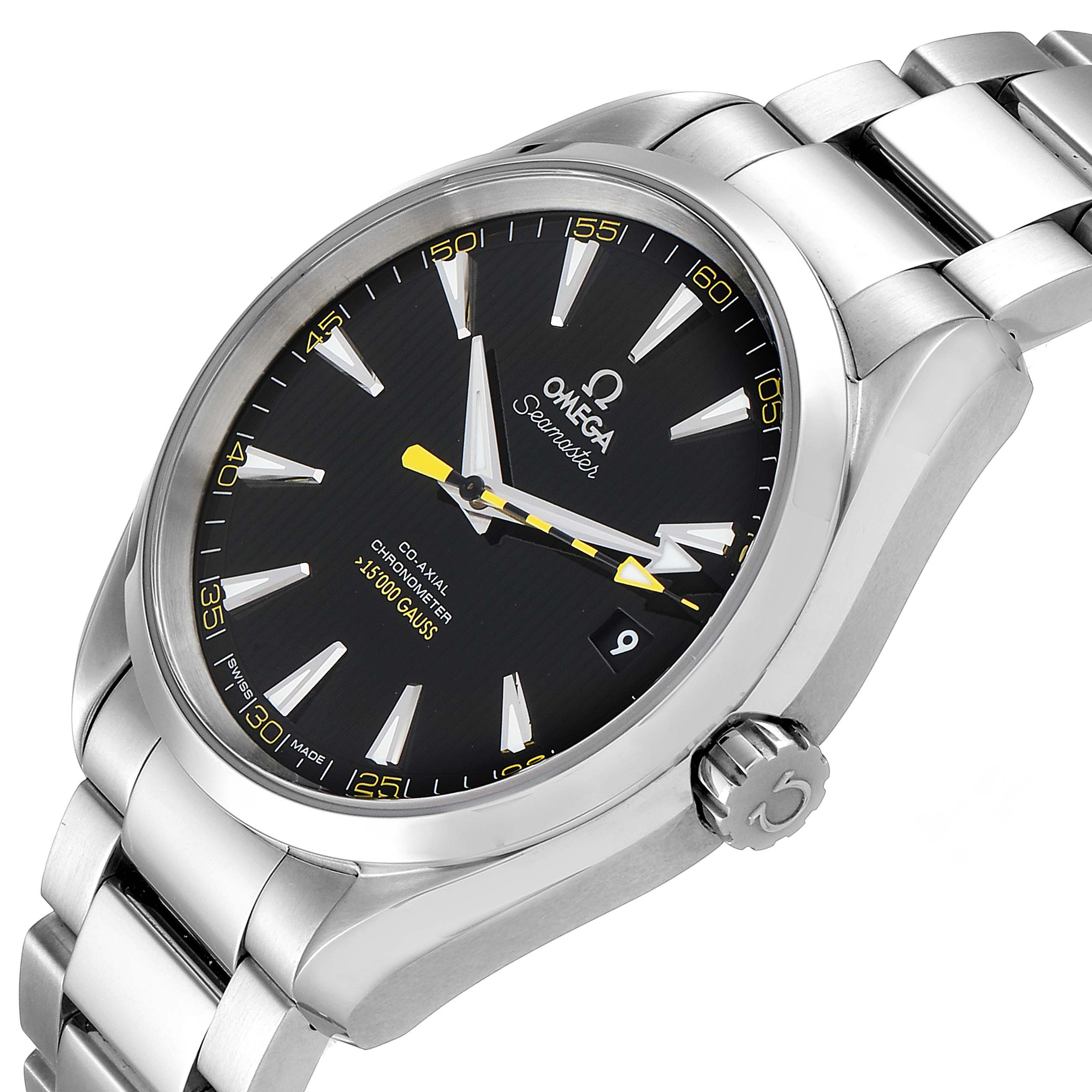 The image shows the Omega Aqua Terra 231.10.42.21.01.002 Men's Stainless Steel Black Dial 231.10.42.21.01.002 Men's Stainless Steel Black Dial watch from an angled side view, highlighting the dial, crown, bezel, and bracelet.