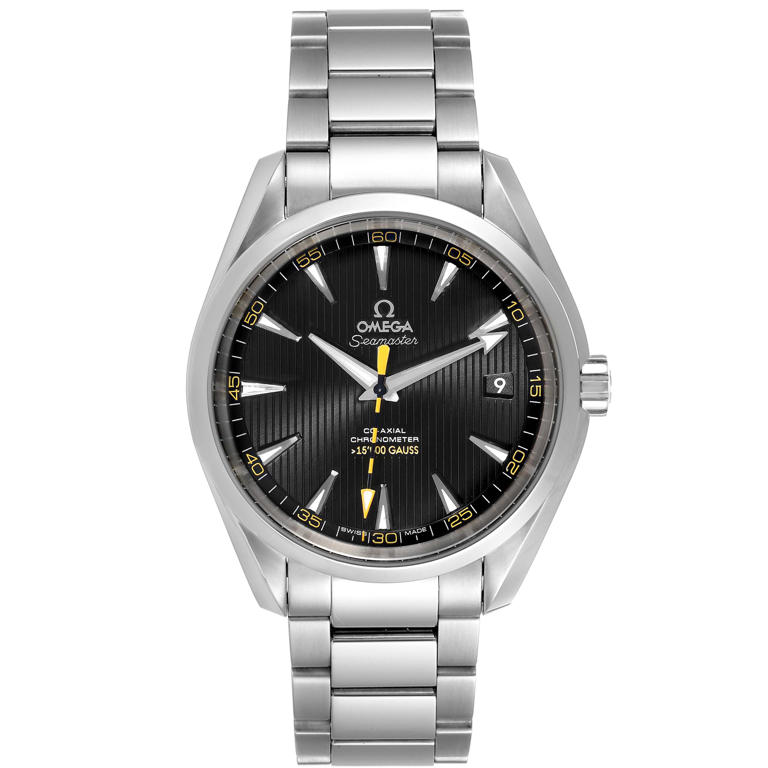 The image shows a front view of the Omega Aqua Terra 231.10.42.21.01.002 Men's Stainless Steel Black Dial 231.10.42.21.01.002 Men's Stainless Steel Black Dial watch, displaying its stainless steel bracelet, dial, and hands.