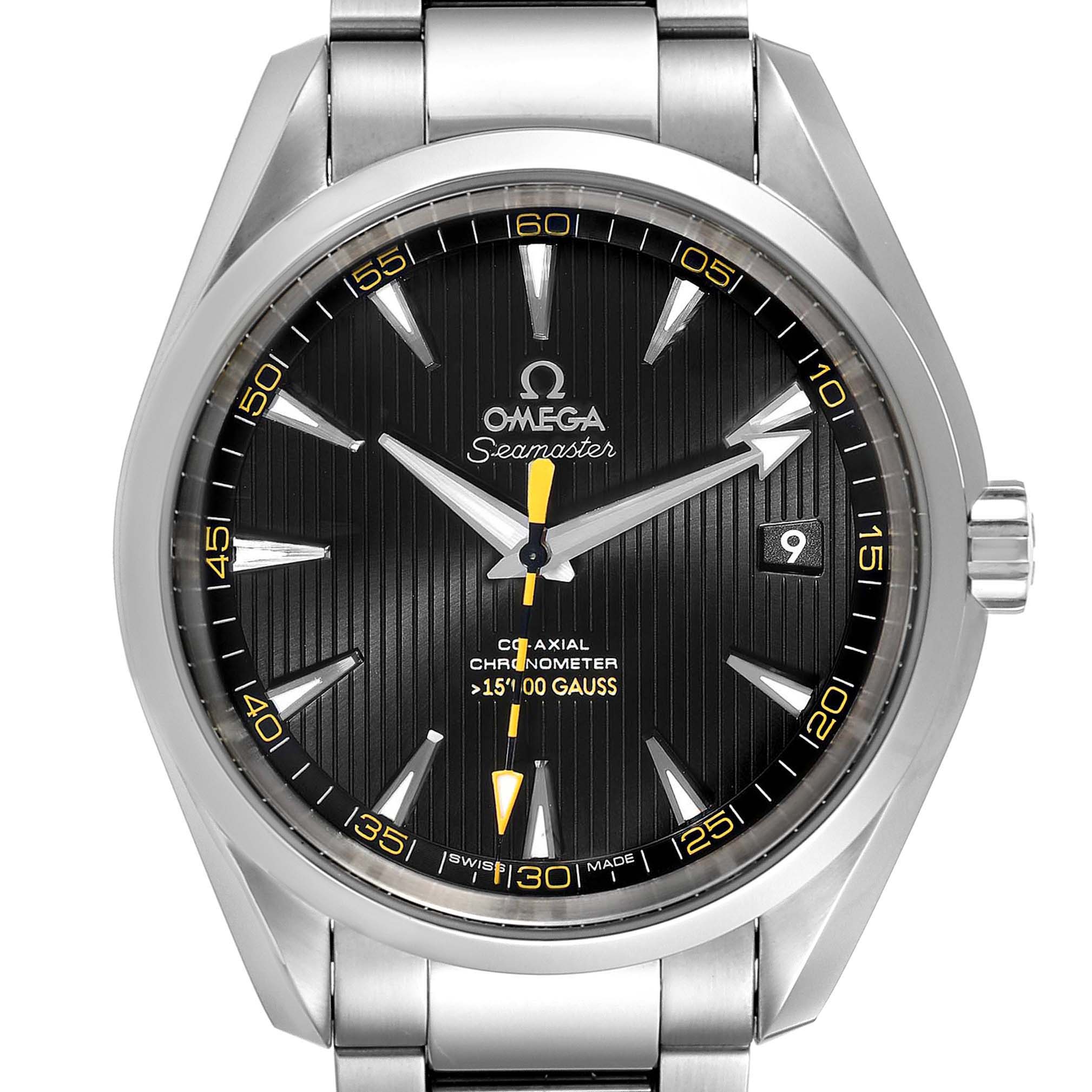 The Omega Aqua Terra 231.10.42.21.01.002 Men's Stainless Steel Black Dial 231.10.42.21.01.002 Men's Stainless Steel Black Dial watch is shown from the front, displaying the dial, hands, date window, and part of the bracelet.