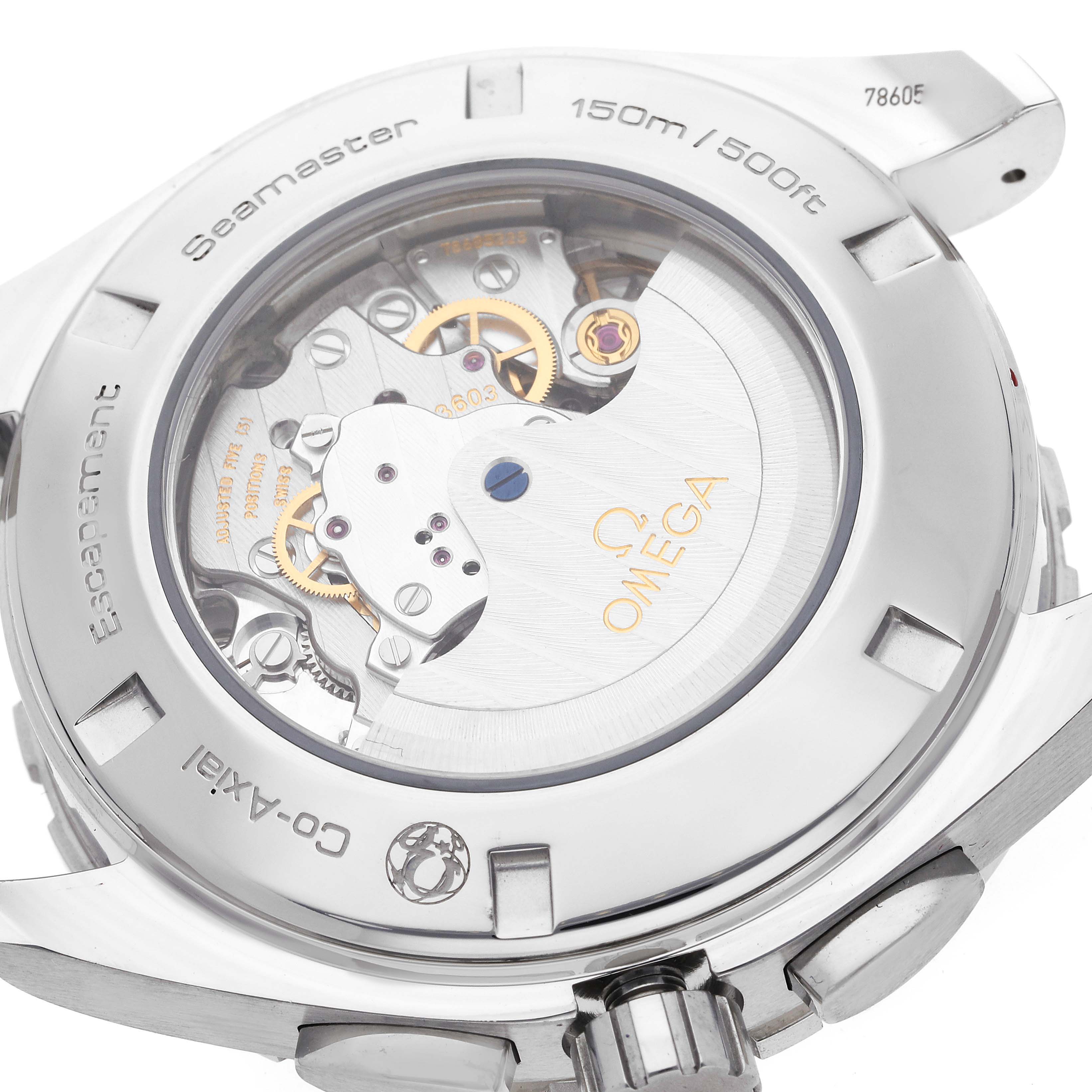 The image shows the back of the Omega Seamaster Aqua Terra watch, highlighting its internal movement and transparent case back.