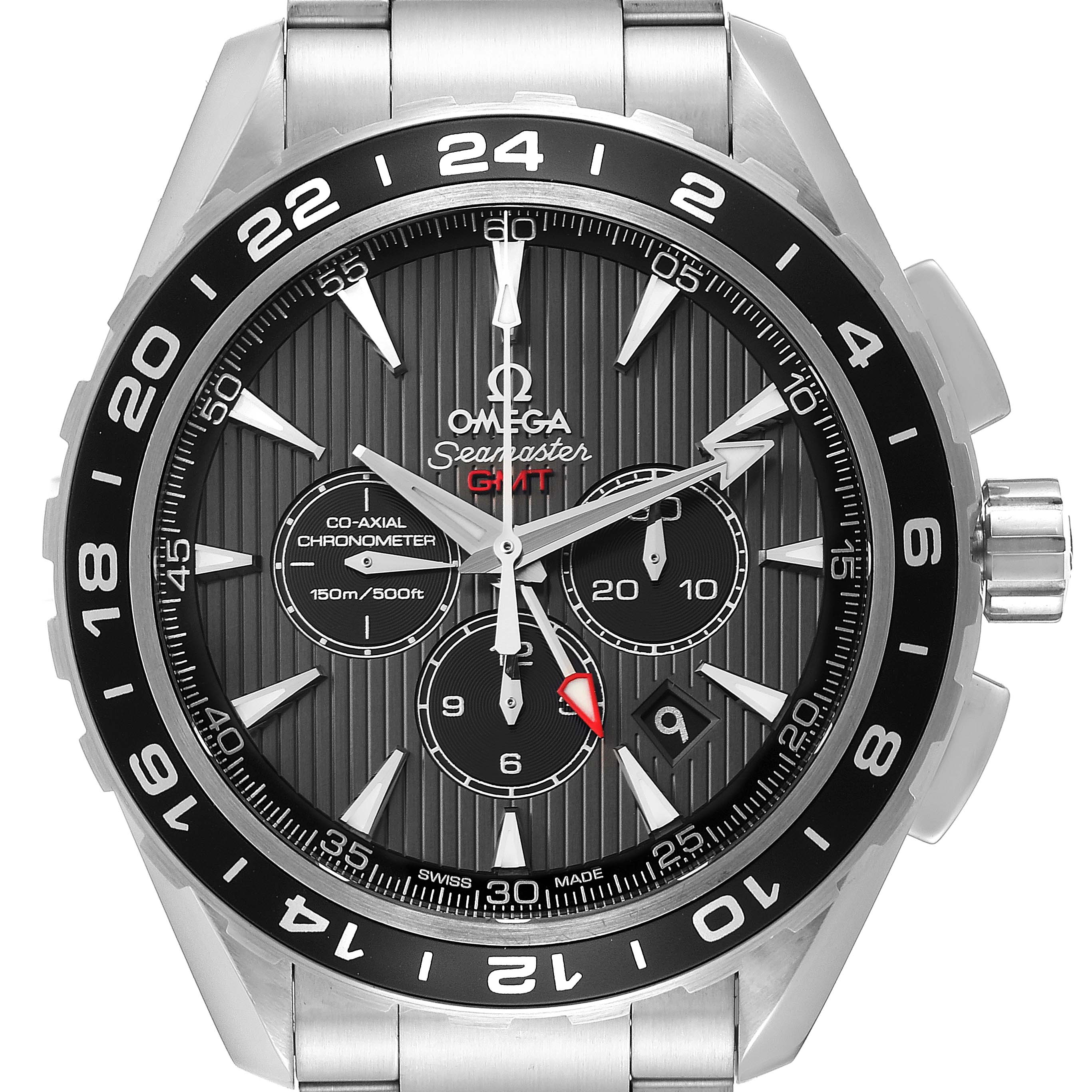 The image shows the Omega Seamaster Aqua Terra watch from a front angle, highlighting the dial, bezel, and part of the bracelet.