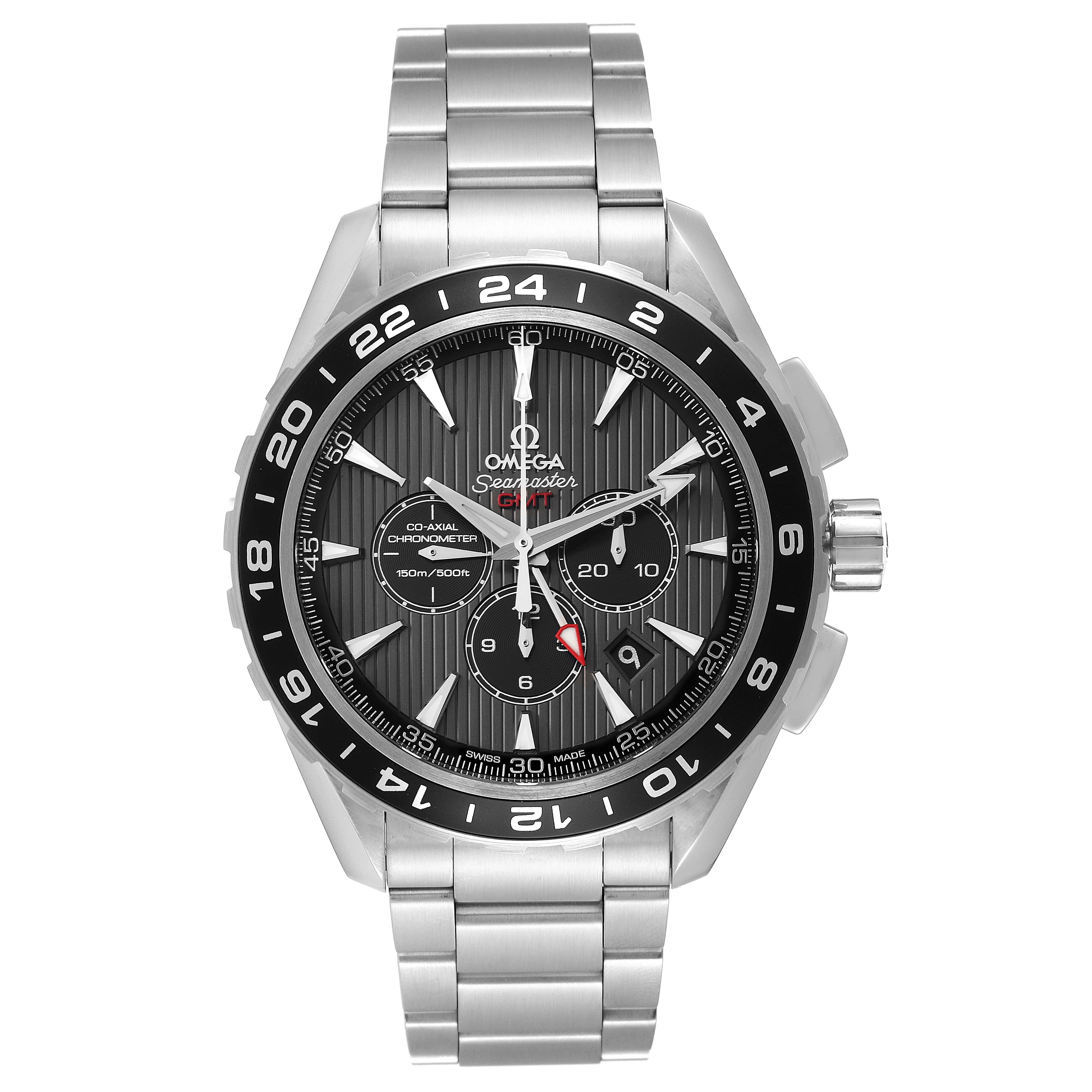 The image shows a front view of the Omega Aqua Terra 231.10.44.52.06.001 Men
s Stainless Steel Grey Dial 231.10.44.52.06.001 Men
s Stainless Steel Grey Dial watch, highlighting its dial, hands, and stainless steel bracelet.