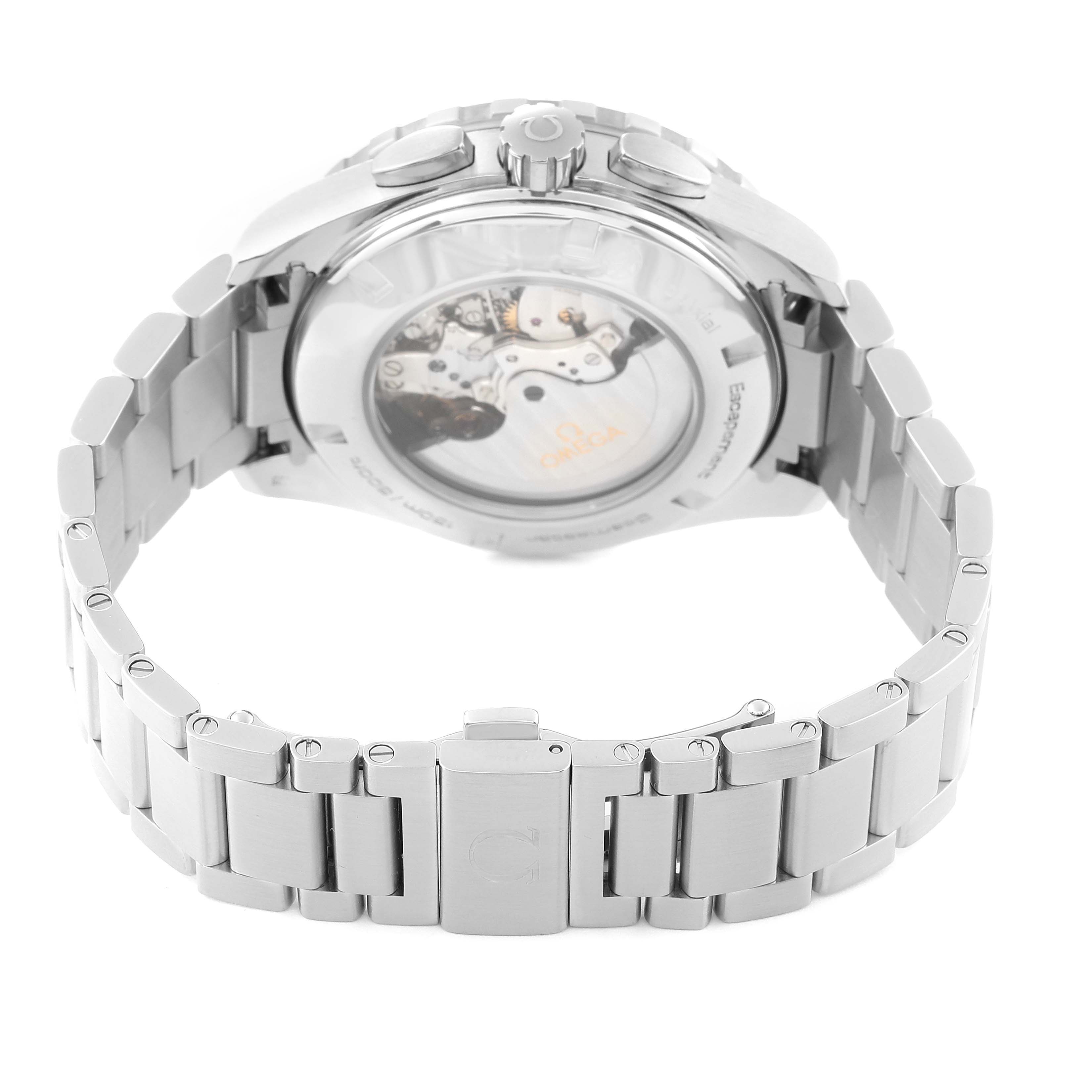 The image shows the back and bracelet of the Omega Aqua Terra 231.10.44.52.06.001 Men
s Stainless Steel Grey Dial 231.10.44.52.06.001 Men
s Stainless Steel Grey Dial watch, highlighting its transparent case back and clasp.