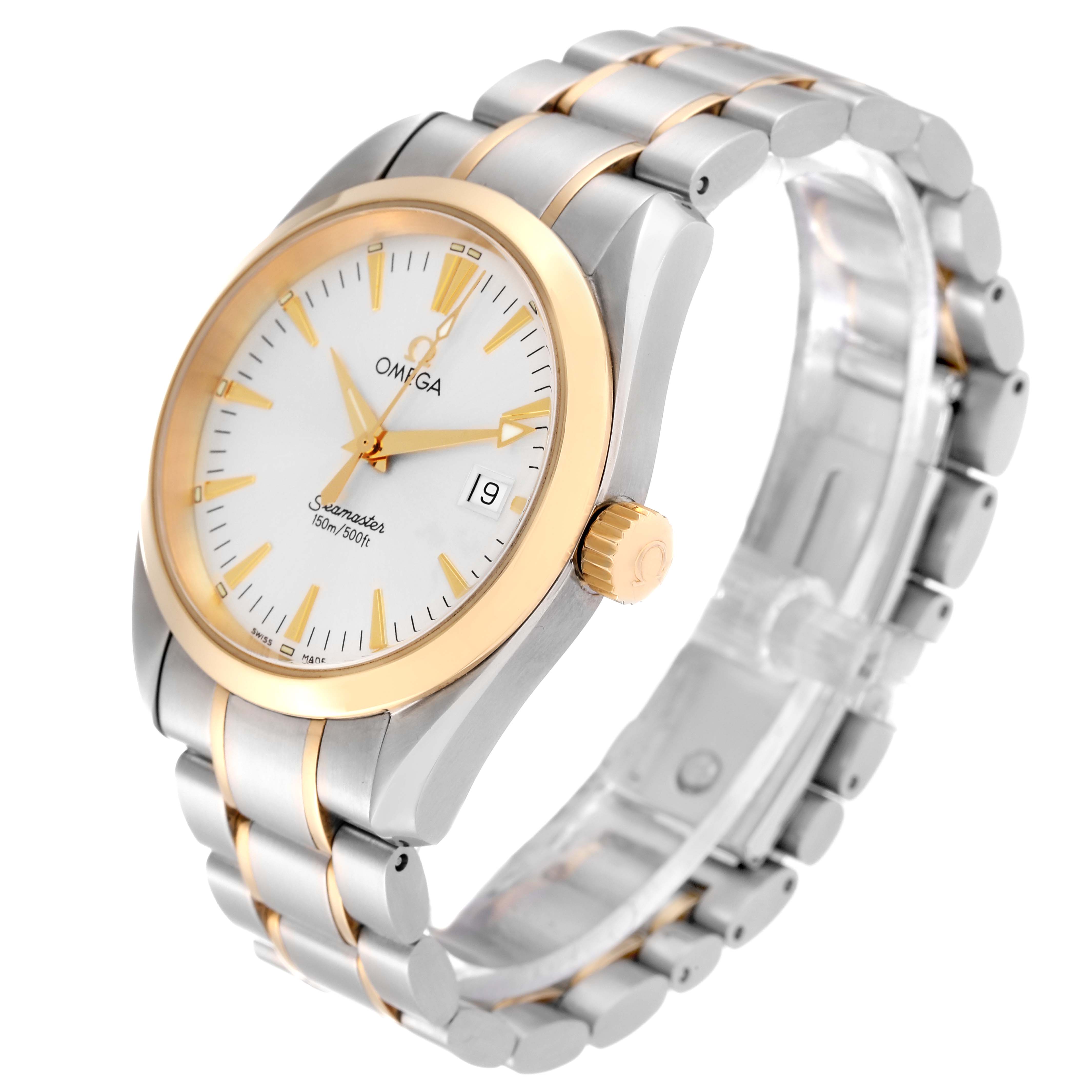 The Omega Aqua Terra 2318.30.00 Men's Steel and Gold (two tone) Silver Dial 2318.30.00 Men's Steel and Gold (two tone) Silver Dial watch is shown at an angled view, displaying its face, bezel, and bracelet.