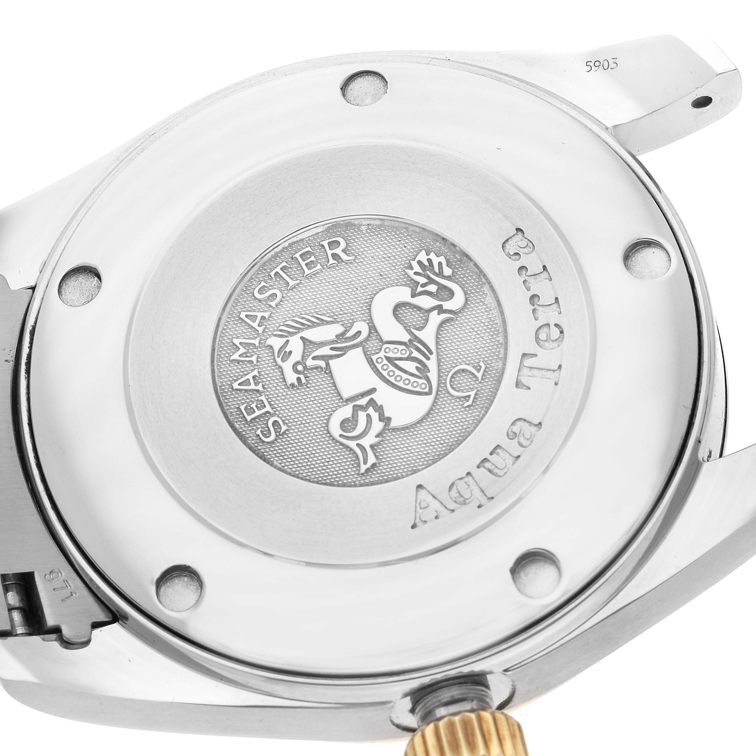 The image shows the back case of an Omega Aqua Terra 2318.30.00 Men's Steel and Gold (two tone) Silver Dial 2318.30.00 Men's Steel and Gold (two tone) Silver Dial watch from a slightly tilted angle.