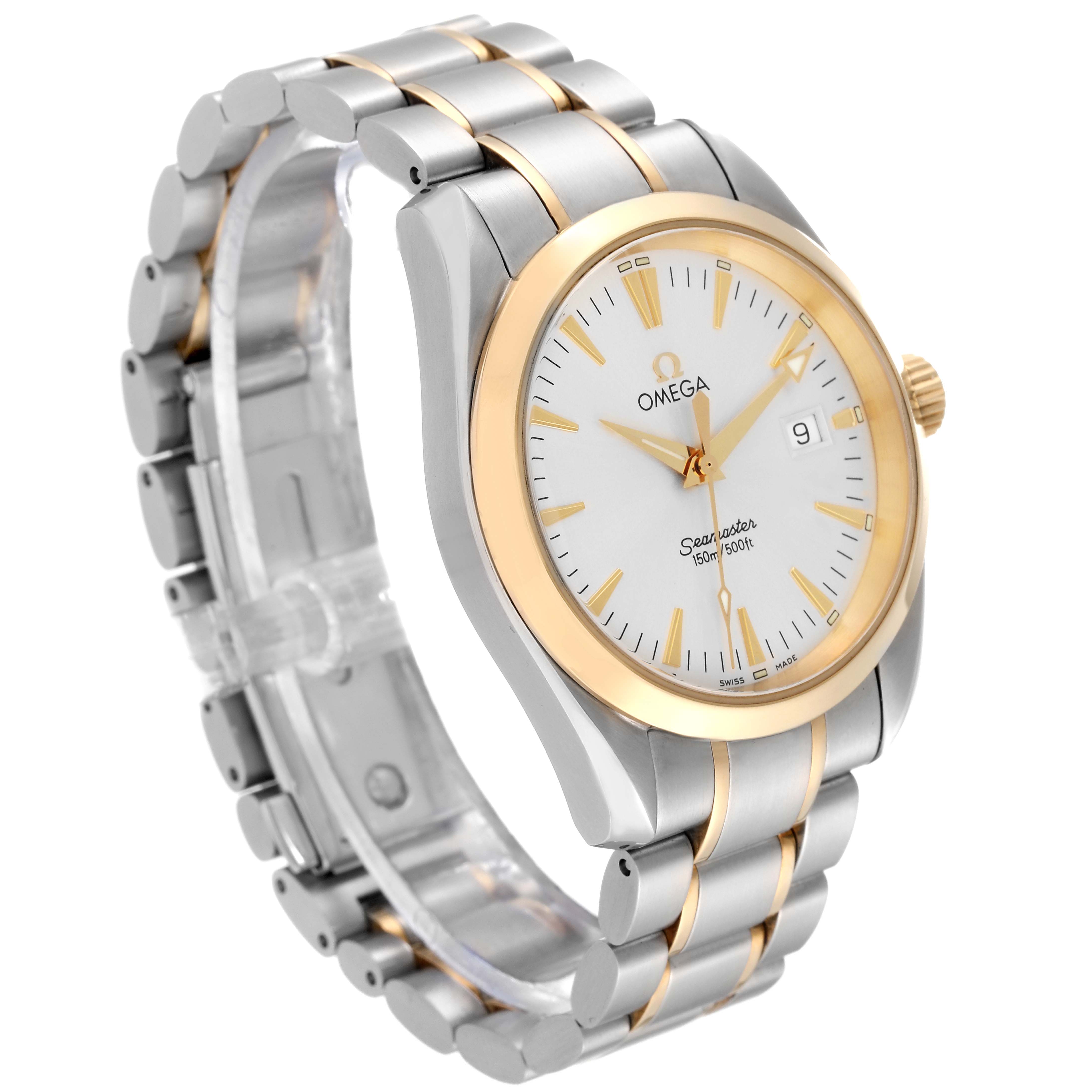 The Omega Aqua Terra 2318.30.00 Men's Steel and Gold (two tone) Silver Dial 2318.30.00 Men's Steel and Gold (two tone) Silver Dial watch is shown at a slight angle highlighting the dial, bezel, and bracelet.