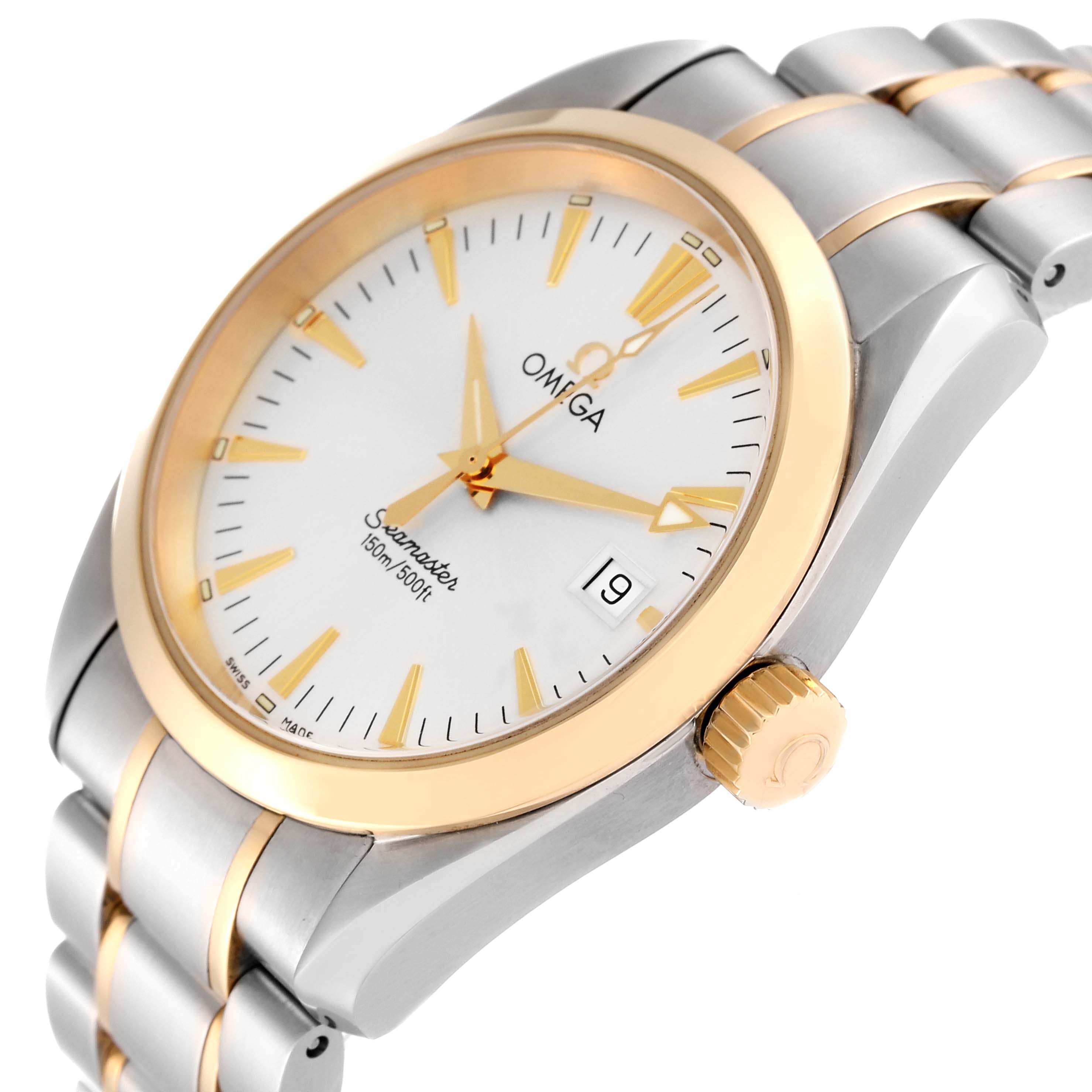 The image shows an Omega Aqua Terra 2318.30.00 Men's Steel and Gold (two tone) Silver Dial 2318.30.00 Men's Steel and Gold (two tone) Silver Dial watch at an angled side view, highlighting the case, bezel, dial, crown, and bracelet.