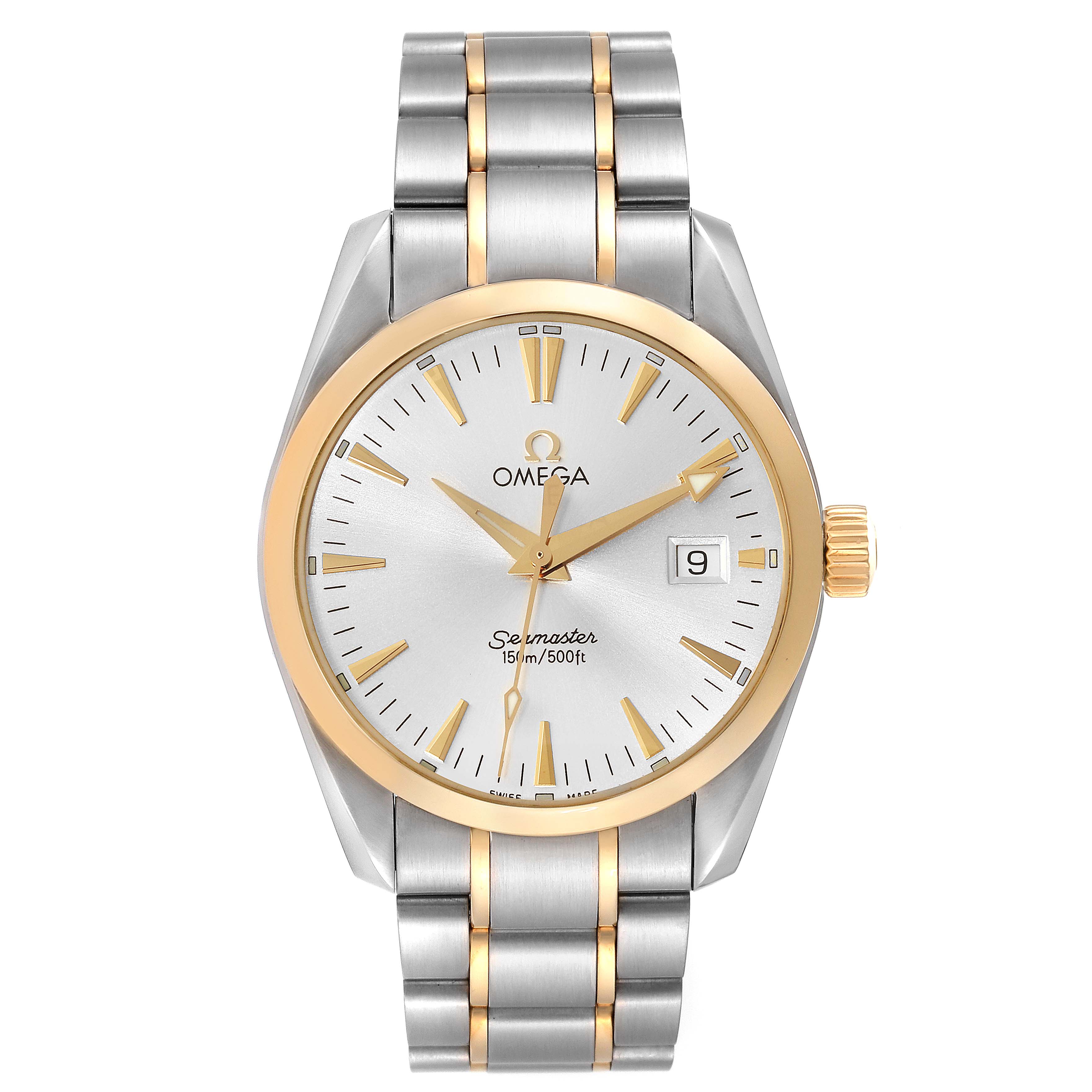 This Omega Aqua Terra 2318.30.00 Men's Steel and Gold (two tone) Silver Dial 2318.30.00 Men's Steel and Gold (two tone) Silver Dial watch is shown from a top angle, featuring its face, hour markers, date window, and metal bracelet.