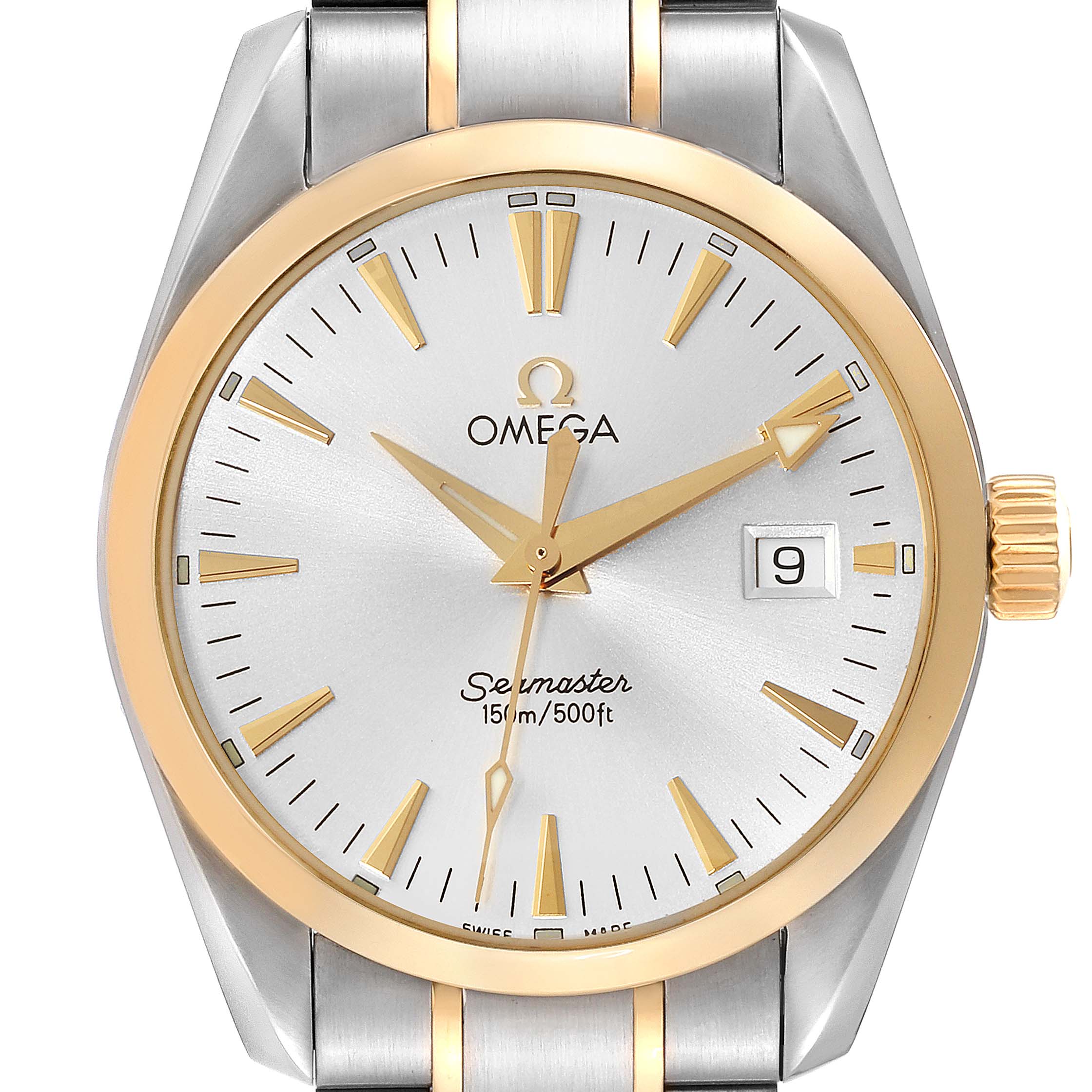 The image shows a front view of the Omega Aqua Terra 2318.30.00 Men's Steel and Gold (two tone) Silver Dial 2318.30.00 Men's Steel and Gold (two tone) Silver Dial Seamaster watch, highlighting its dial, hands, date window, and bezel.